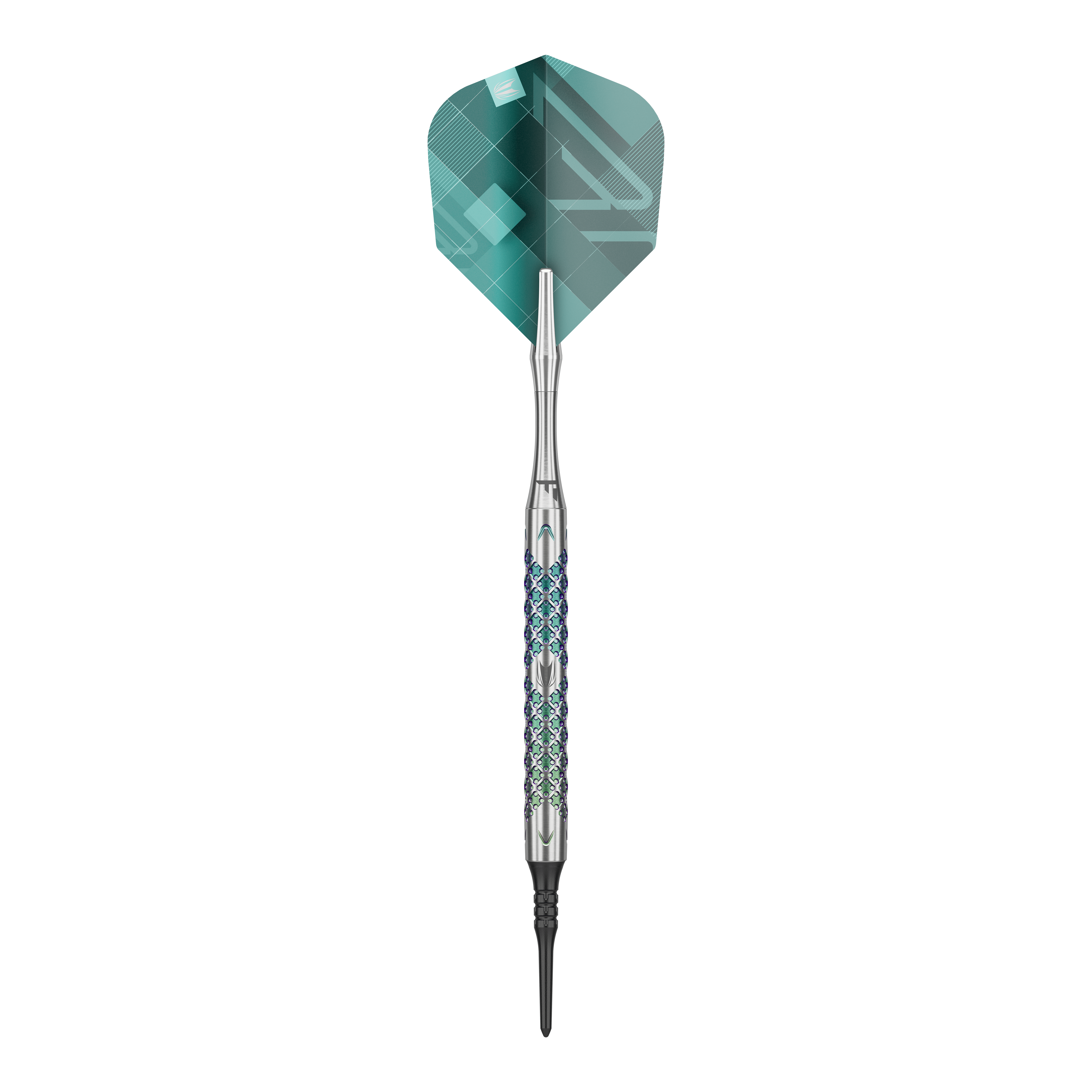 Target Rove 10 měkkých šipek Das Bild zeigt einen einzelnen Softdart der Marke Target Rove 10. Der Dart hat ein silbernes Griffstück mit farbigen Akzenten und grüne Flights.