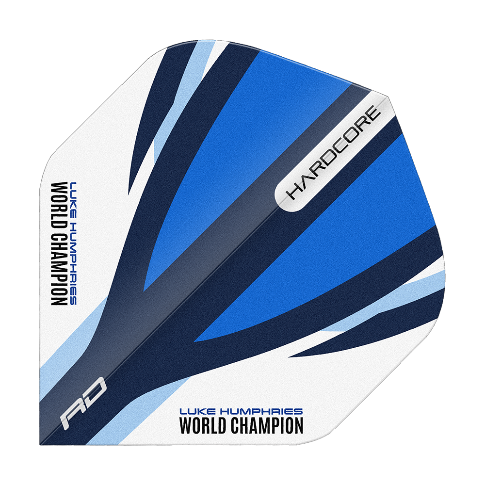 Red Dragon Hardcore Luke Humphries Modrá Bílá Standardní lety Das Bild zeigt einen Dart-Flight in den Farben Blau, Weiß und Schwarz mit dem Aufdruck "LUKE HUMPHRIES WORLD CHAMPION". Auf dem Flight stehen außerdem die Wörter "HARDCORE" und "RD".