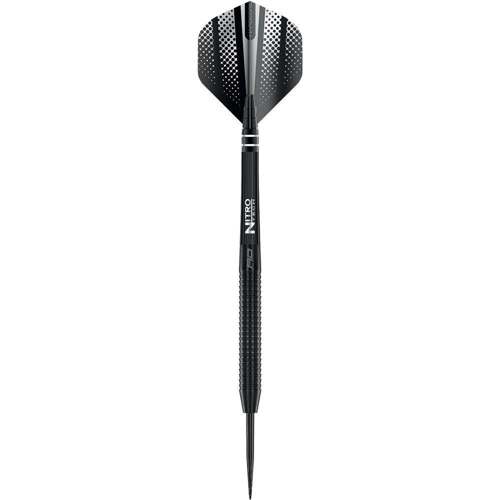 Red Dragon Razor Edge Černé ocelové šipky Das Bild zeigt einen schwarzen Steeldart mit dem Namen "Red Dragon Razor Edge". Der Dart hat ein modernes Design mit geriffeltem Griff und schwarzer Spitze.