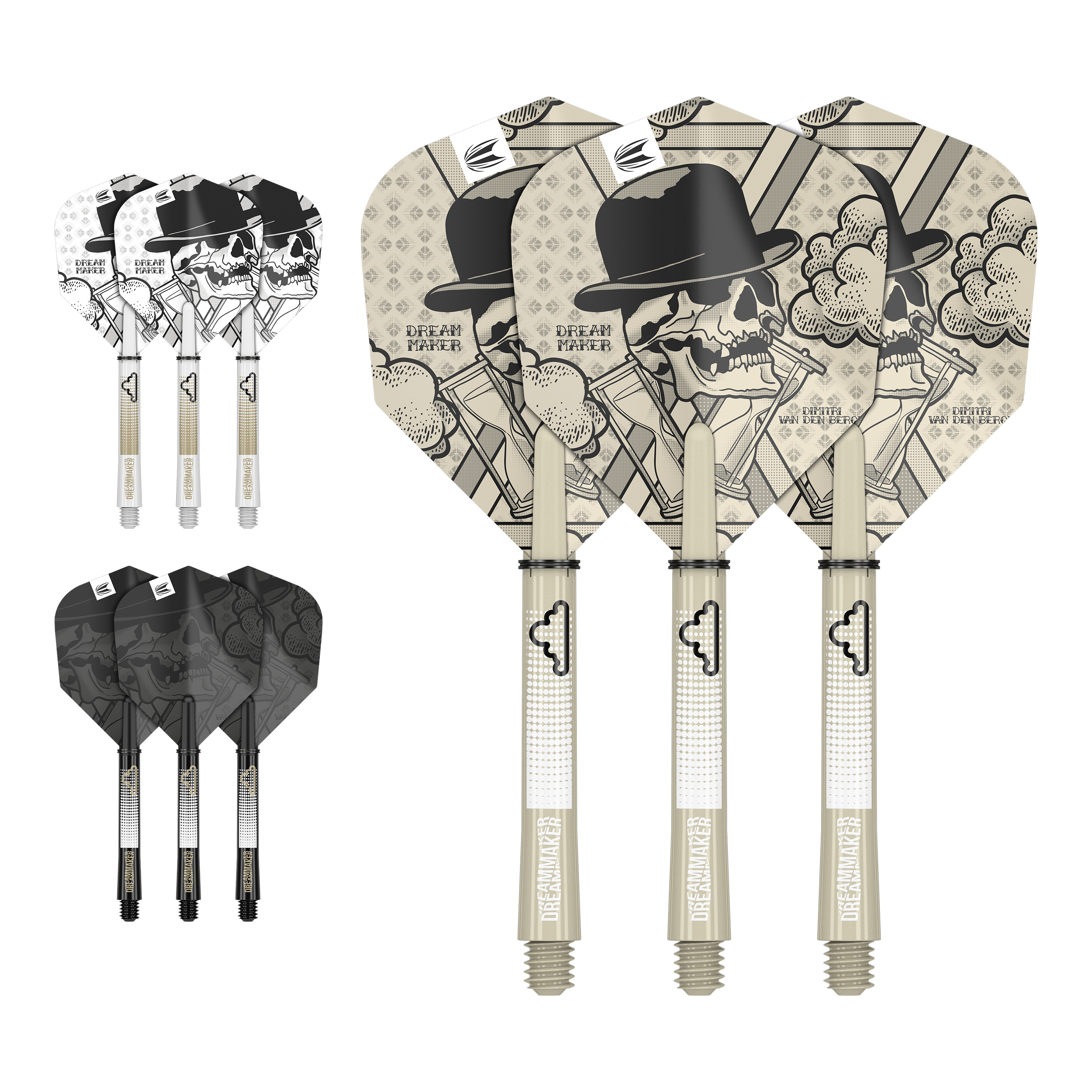 Sada pro letku Target Ink Dimitri Van Den Bergh Auf dem Bild sind drei Dartflights mit Schädel- und Hutdesign sowie der Aufschrift "Dream Maker" zu sehen. Zusätzlich gibt es zwei weitere Sätze Flights in verschiedenen Farben, jeweils mit passenden Shafts.