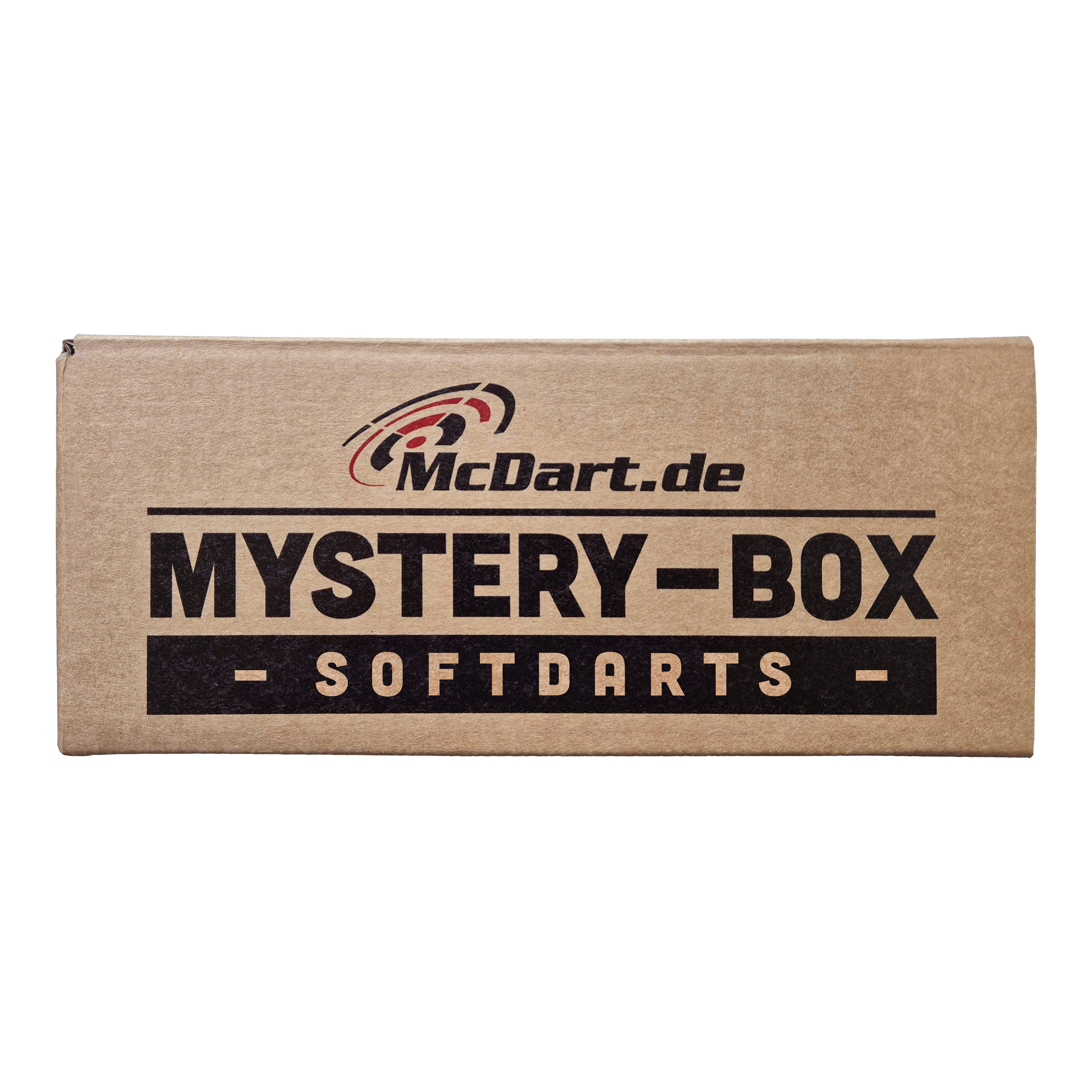 Auf dem Bild ist eine braune Box mit der Aufschrift "McDart.de Mystery-Box - Softdarts -" zu sehen. Die Verpackung wirkt spannend und macht neugierig auf den Inhalt für Dart-Fans.