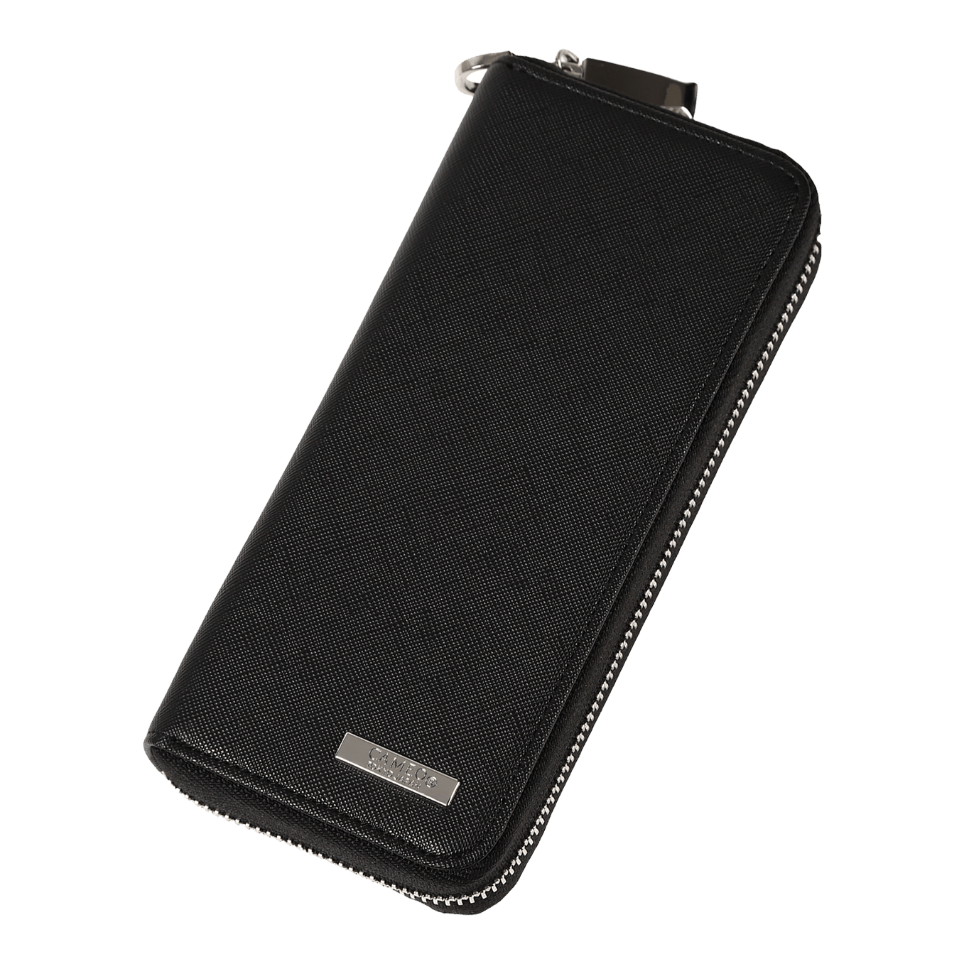 Obchodní případ Cameo Pro3 Die Abbildung zeigt ein elegantes, schwarzes Etui mit Reißverschluss. Auf der Vorderseite befindet sich eine kleine silberne Plakette mit der Aufschrift "CAMEO".