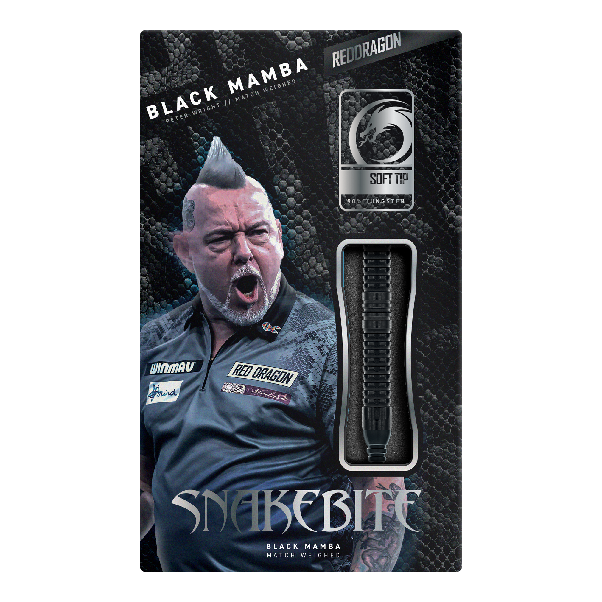 Dargestellt ist der Red Dragon Peter Wright Snakebite Black Mamba Softdart mit 20g. Dieser Softdart richtet sich an ambitionierte Spieler und besticht durch hohe Qualität.