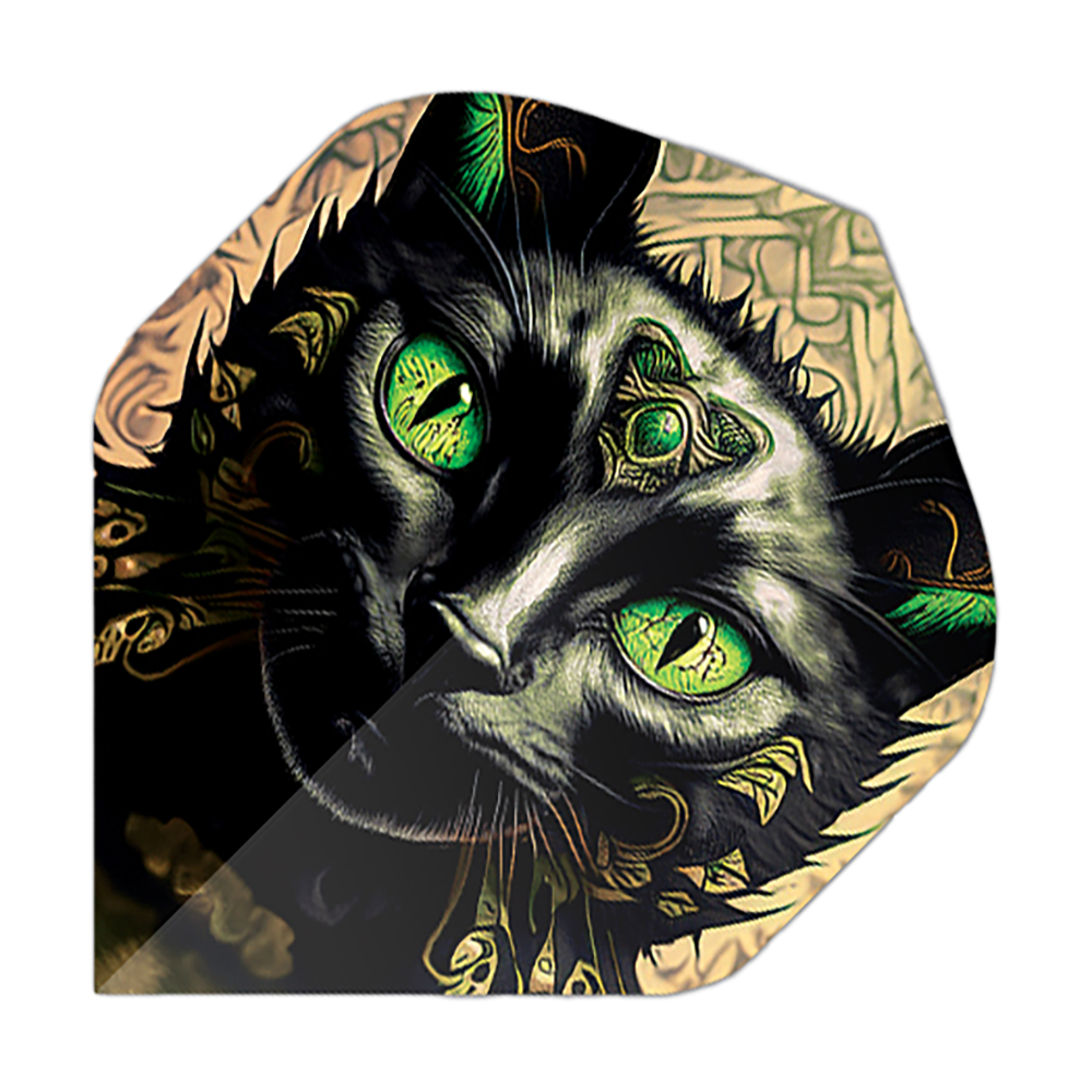 Lety v pětiboji Cat Das Bild zeigt ein Dartflight mit dem Motiv eines schwarzen Katers mit leuchtend grünen Augen. Die Details und Ornamente auf dem Katzenkopf geben dem Flight ein auffälliges, künstlerisches Design.