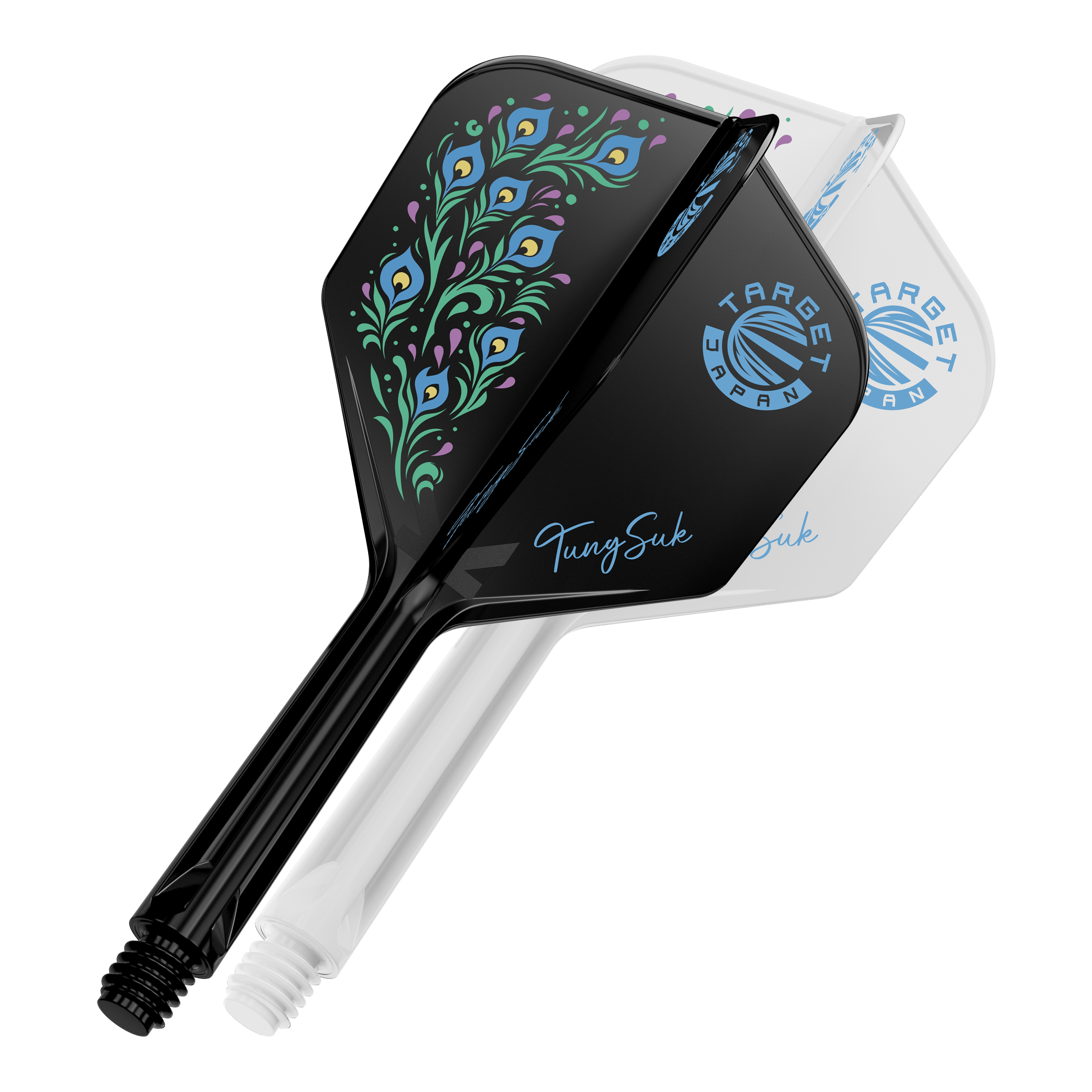 Das Bild zeigt zwei Dartflights und -schäfte des Produkts "Target Japan K-Flex Zenith Tung Suk No6 Flight-Shaft-System". Einer ist schwarz mit buntem Pfauenfeder-Design, der andere ist weiß mit blauem Logo.