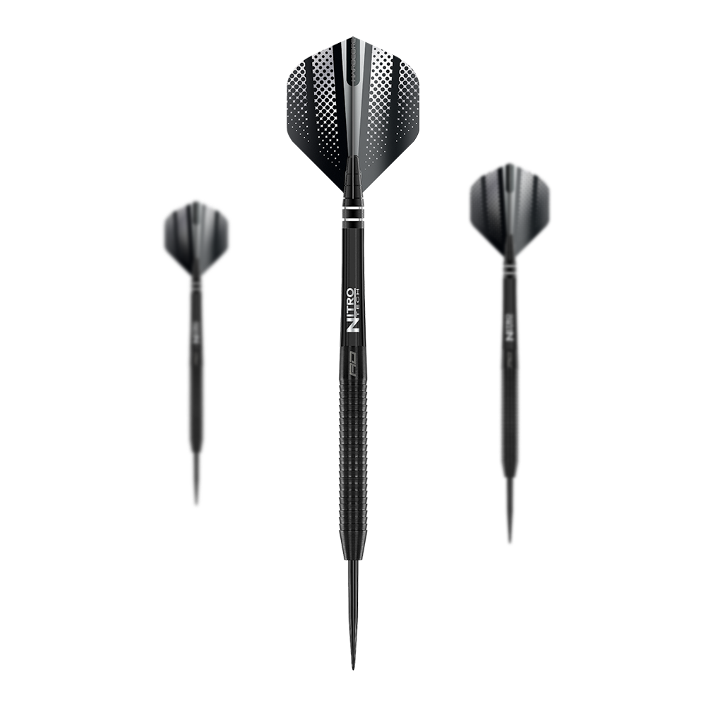 Red Dragon Razor Edge Černé ocelové šipky Das Bild zeigt drei Red Dragon Razor Edge Black Steeldarts. Die Darts sind schwarz und haben ein modernes, punktiertes Design auf den Flights.