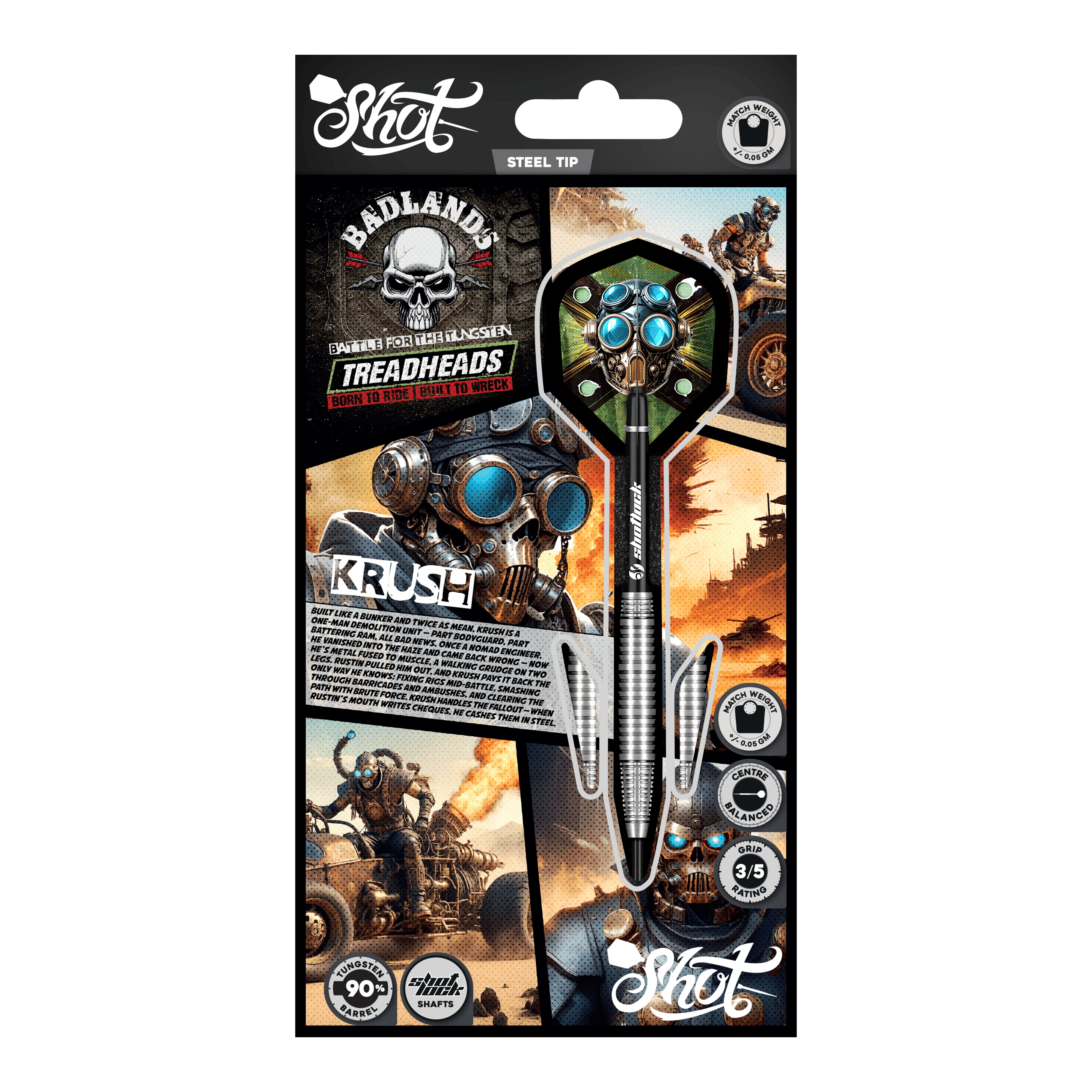 Ocelové šipky Shot Badlands Krush Abgebildet sind die Shot Badlands Krush Steeldarts. Diese Steeldarts sind für ein exaktes Spiel konzipiert.