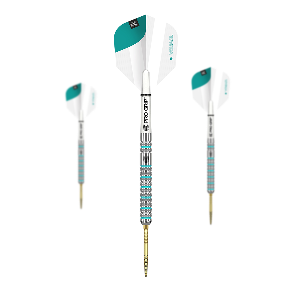 Ocelové šipky Target Rob Cross GEN2 Swiss Point Das Bild zeigt drei Target Rob Cross GEN2 Swiss Point Steeldarts. Die Darts haben silberne und türkisfarbene Details sowie weiße Flights mit PRO GRIP Schäften.
