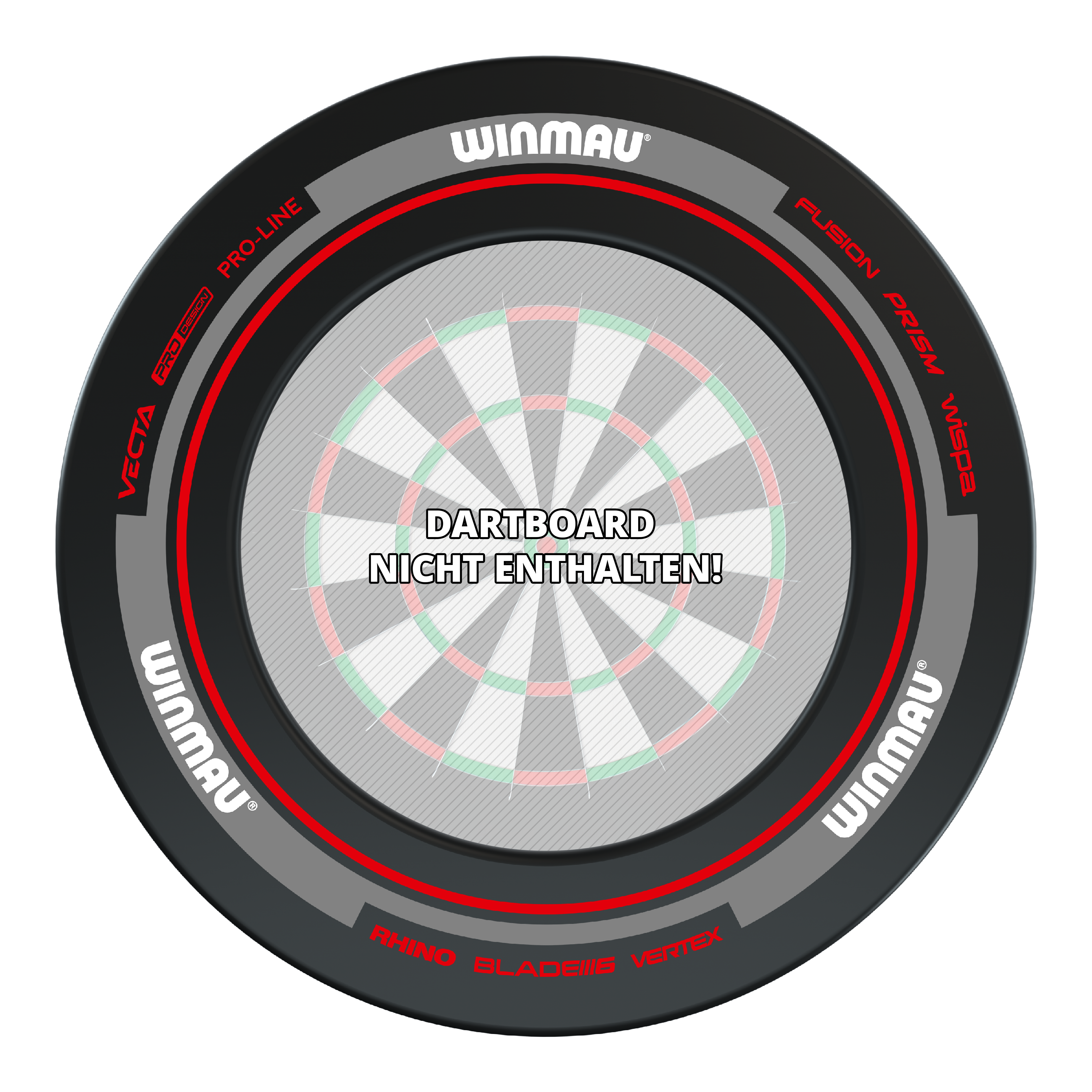 Kryt na terč Winmau Advance - černočervený Das Bild zeigt das Produkt "Winmau Advance Dartboard Surround" in Schwarz und Rot. In der Mitte steht der Hinweis: "Dartboard nicht enthalten!"