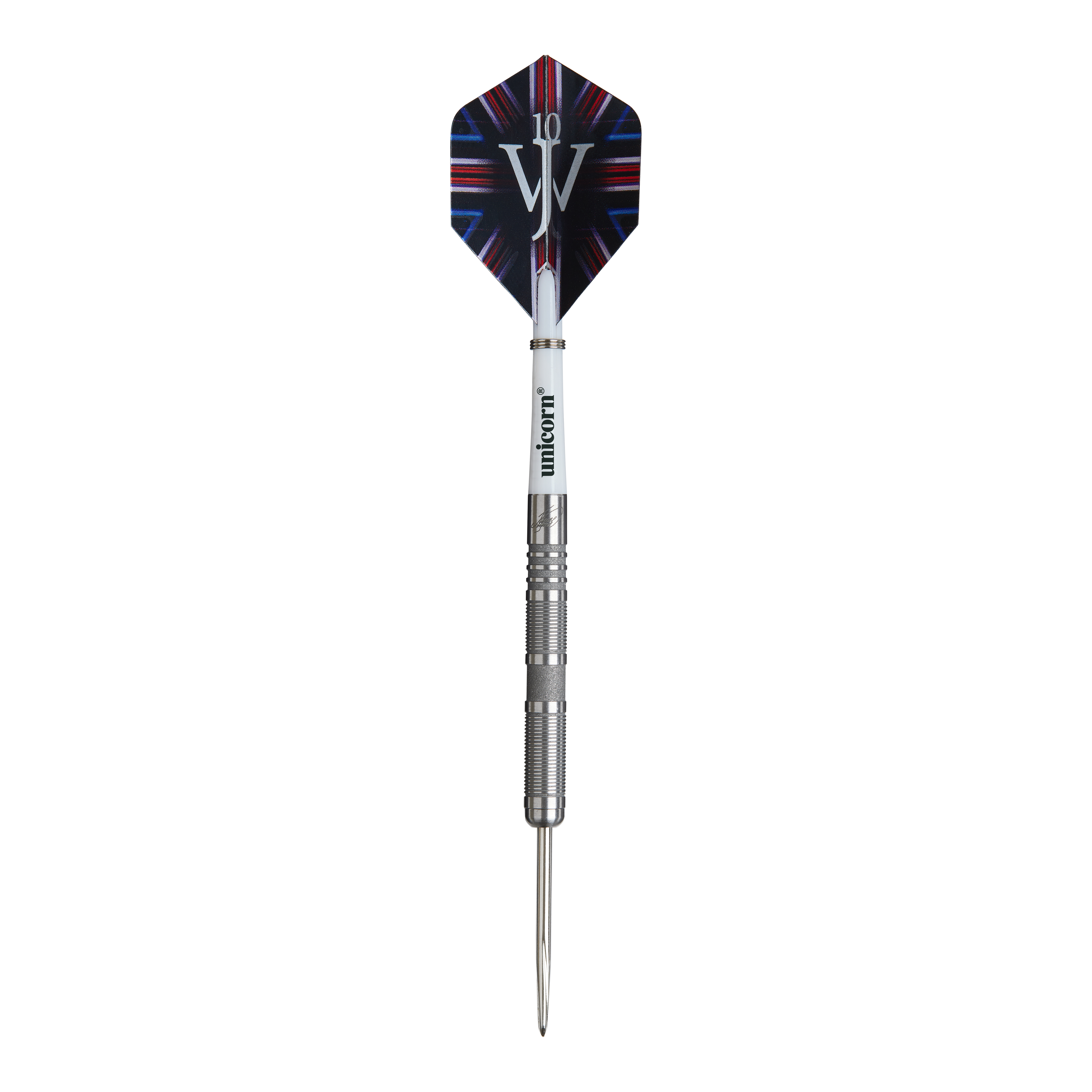Das Bild zeigt einen Steeldartpfeil aus der Produktreihe „Unicorn James Wade The Machine Range Phase 4“. Der Dartpfeil hat eine silberne Spitze und einen Flight mit buntem Design und den Buchstaben „JW“.