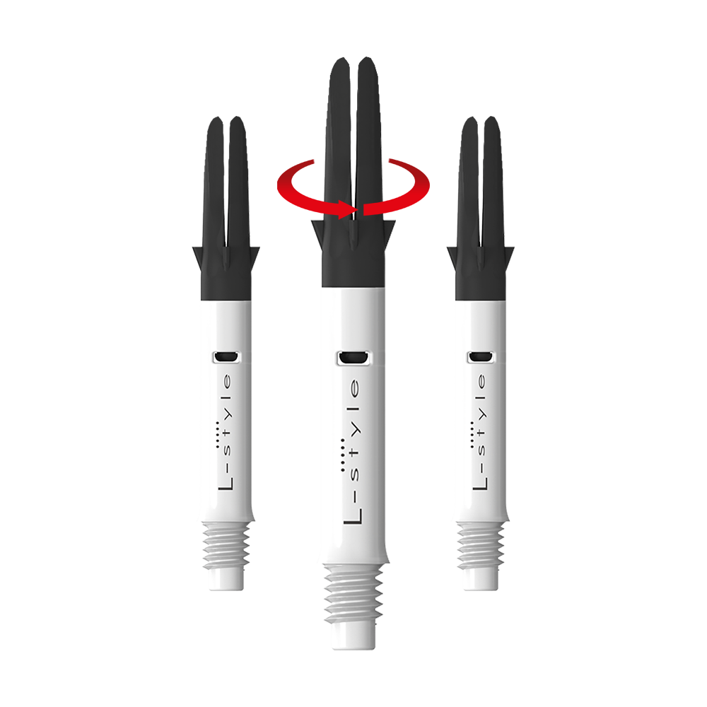 L-L-Style-Shaft Carbon Silent Straight - Bílá Auf dem Bild sind drei weiße L-Style Dartschäfte mit schwarzem oberen Teil zu sehen. In der Mitte zeigt ein roter Pfeil, dass sich der obere Teil des Schafts drehen kann.
