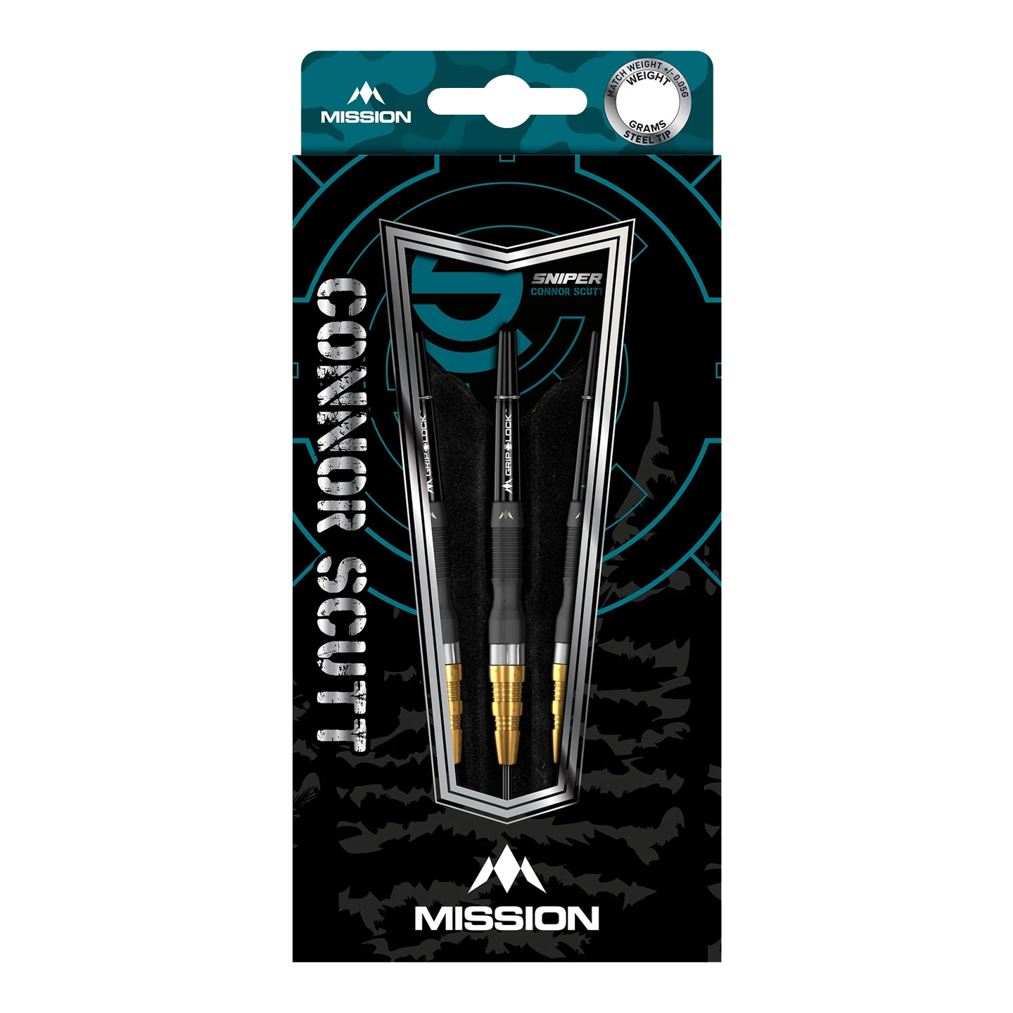 Die Abbildung zeigt eine Packung mit Mission Connor Scutt Sniper Black Gold Steeldarts. In der Verpackung sind drei schwarze Darts mit goldenen Spitzen zu sehen.