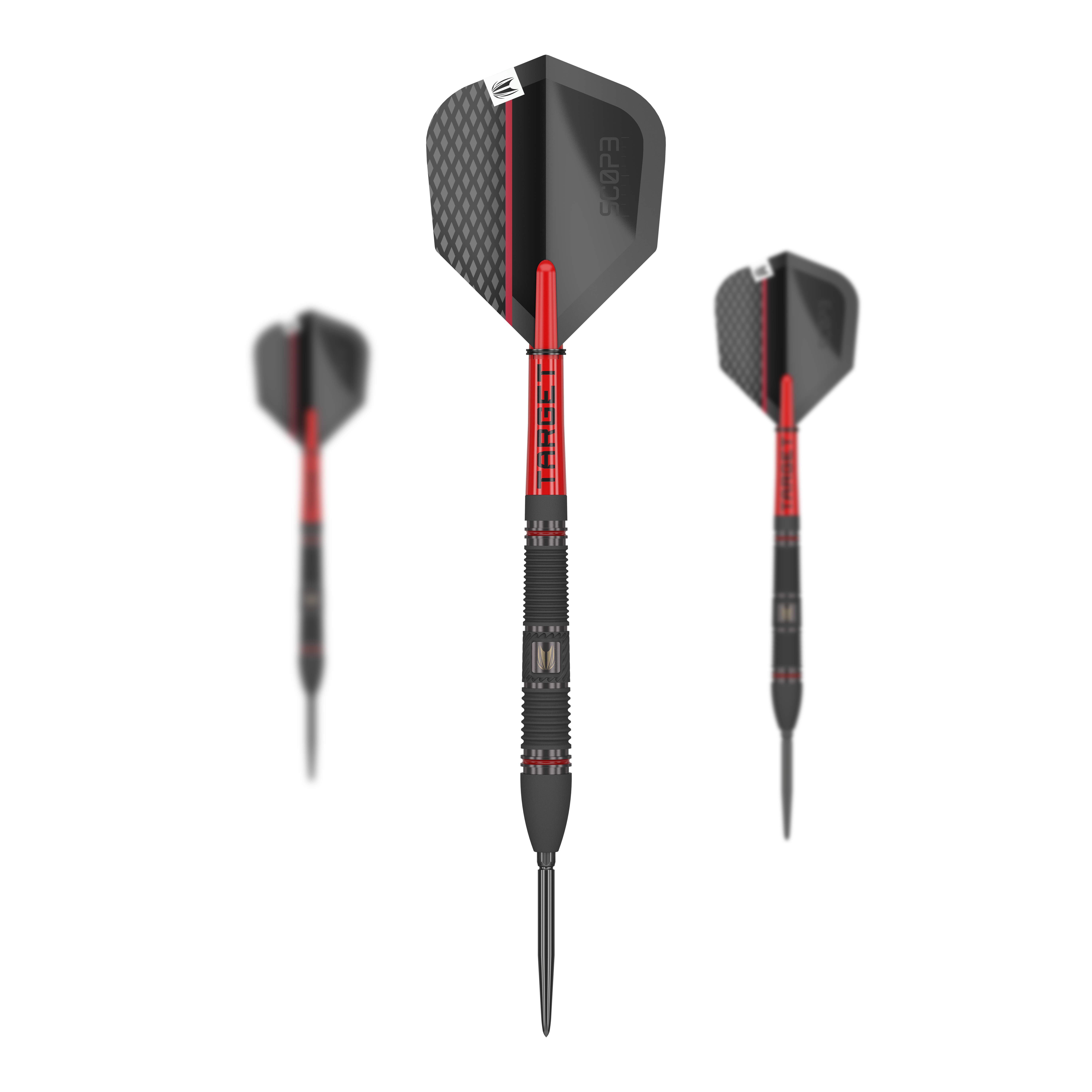 Ocelové šipky Target Scope 02 Swiss Point Auf dem Bild sind drei Target Scope 02 Swiss Point Steeldarts zu sehen. Die Darts haben ein modernes Design in Schwarz und Rot mit strukturierten Flights.