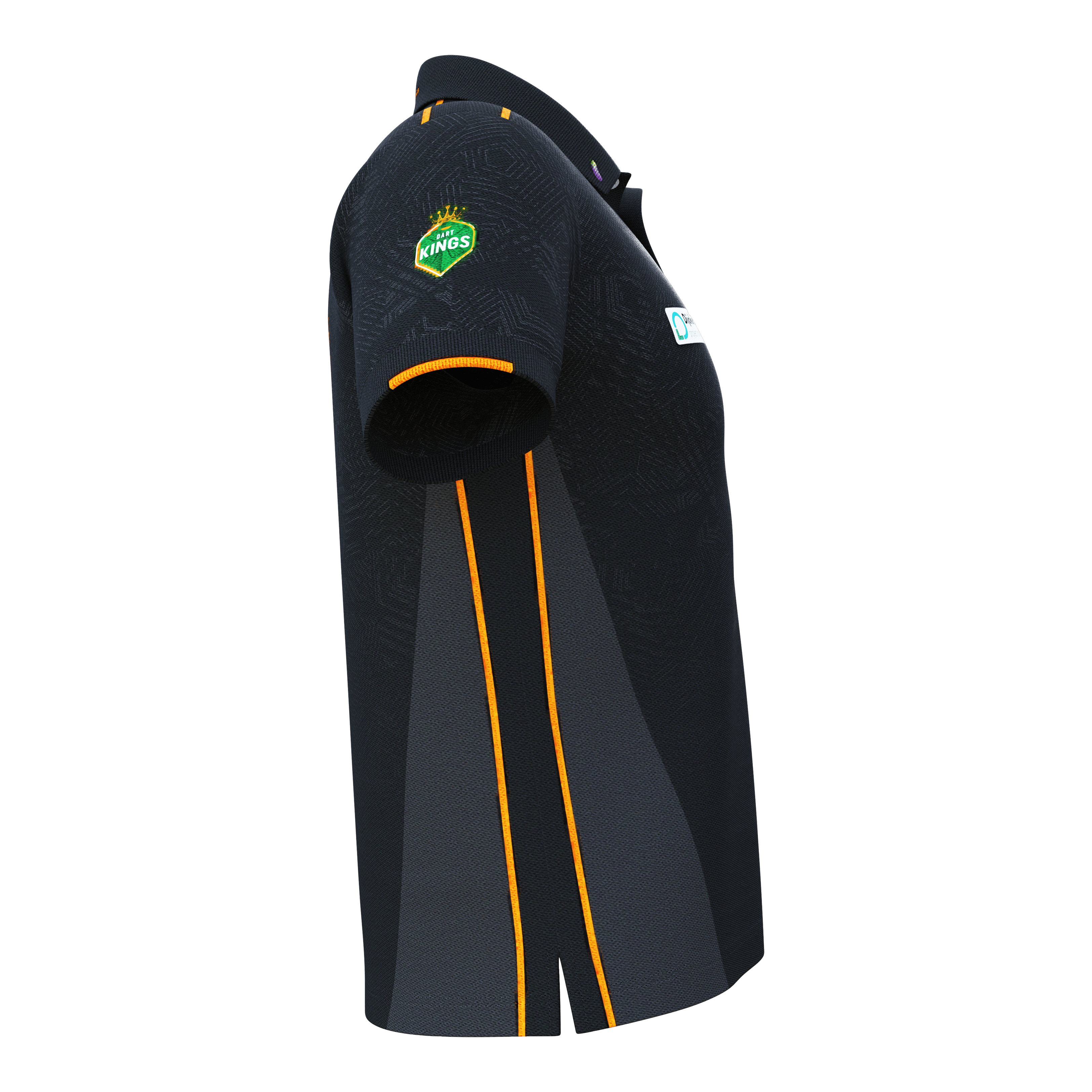 Zápasové triko Bulls NL Dirk Van Duijvenbode 2025 Das Bild zeigt das 'Bulls NL Dirk Van Duijvenbode Matchshirt 2025'. Das Shirt ist überwiegend schwarz mit orangefarbenen Streifen und einem Logo auf dem Ärmel.