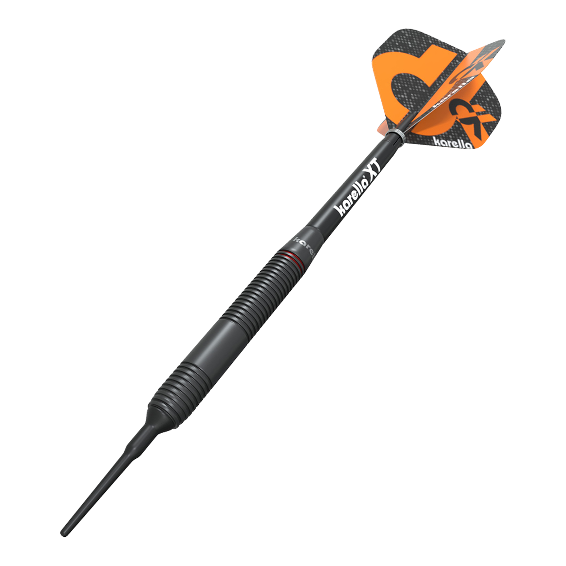 Karella Daniel Klose měkké šipky Auf dem Bild ist der Karella Daniel Klose Softdart zu sehen. Der Dartpfeil hat ein schwarzes Gehäuse mit orangenen Flights und dem Karella-Logo.