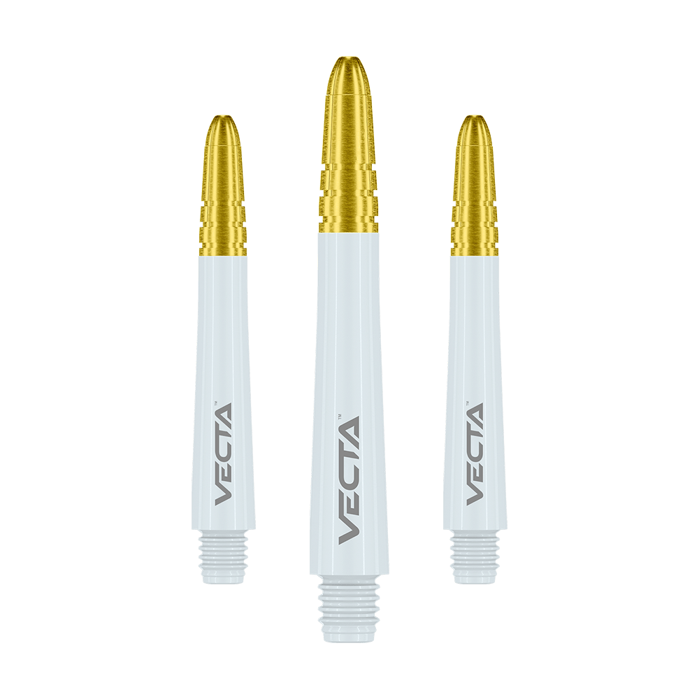 Winmau Vecta Shafts - Weiß Gold Das Bild zeigt drei Dartschäfte mit goldfarbenem Kopf und weißem Körper. Auf jedem Schaft steht das Wort "VECTA" in grauer Schrift.