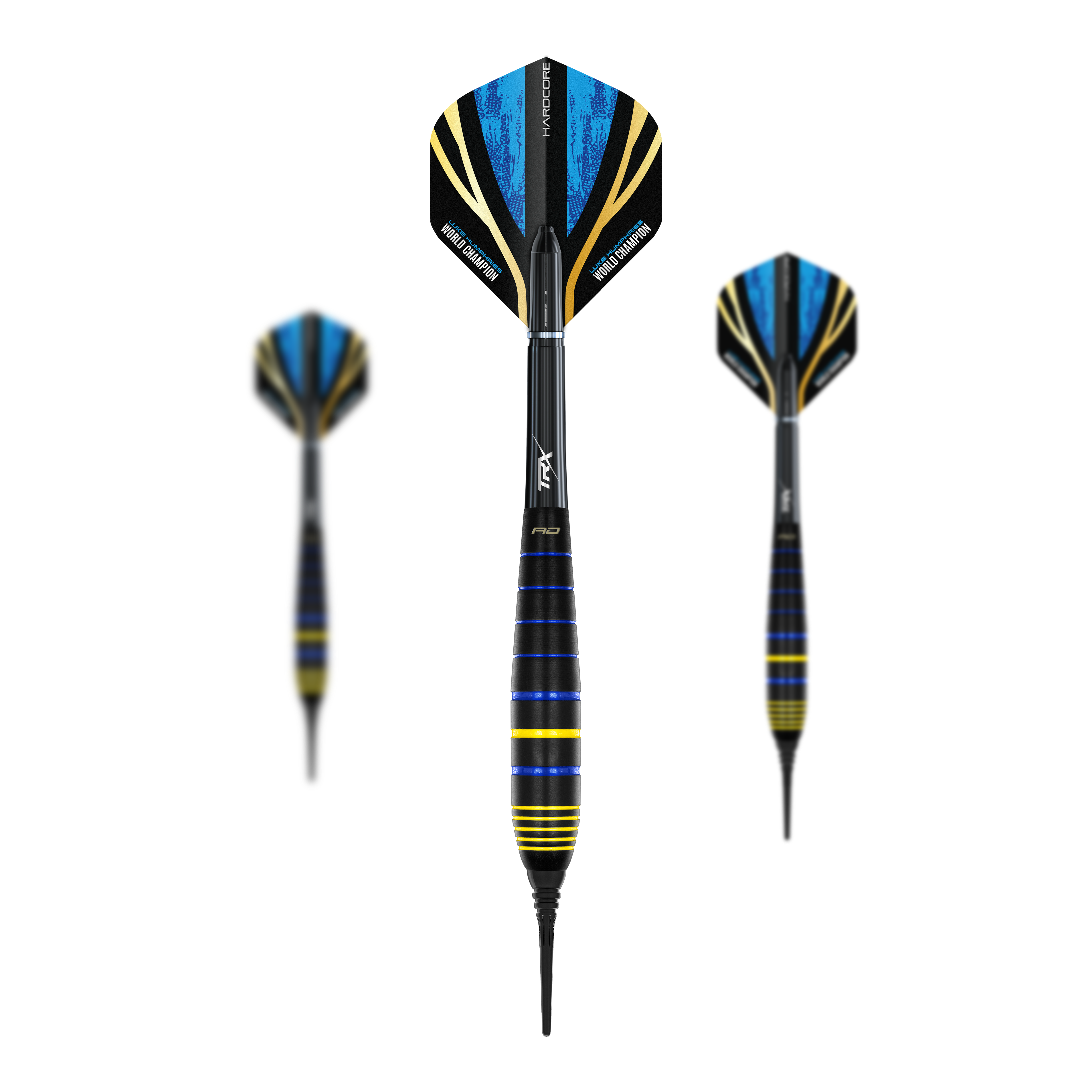 Šipky Red Dragon Luke Humphries World Champion Brass Softdarts - 20g Das Bild zeigt drei Softdarts des Modells "Red Dragon Luke Humphries World Champion Brass Softdarts - 20g". Die Darts haben schwarze, blaue und gelbe Farbakzente sowie Flights mit blauen und goldenen Details.