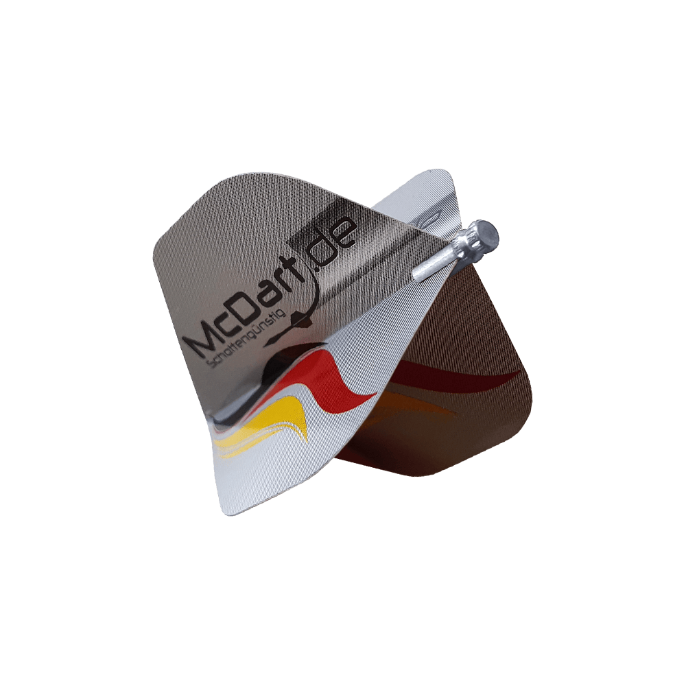 610_Alu_Flightschoner_Silber_2 Das Bild zeigt einen Alu Flightschoner, der an Dart-Flights befestigt ist. Er schützt die Flights vor Beschädigungen und sorgt für eine längere Lebensdauer.