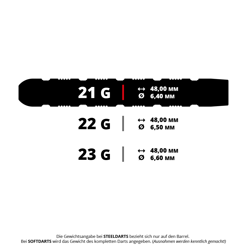 Šipky Target Rob Cross 95K Swiss Point Steel Das Bild zeigt drei Steeldarts mit unterschiedlichen Gewichten: 21 g, 22 g und 23 g. Die Länge beträgt jeweils 48,00 mm, während der Durchmesser je nach Gewicht zwischen 6,40 mm und 6,60 mm variiert.