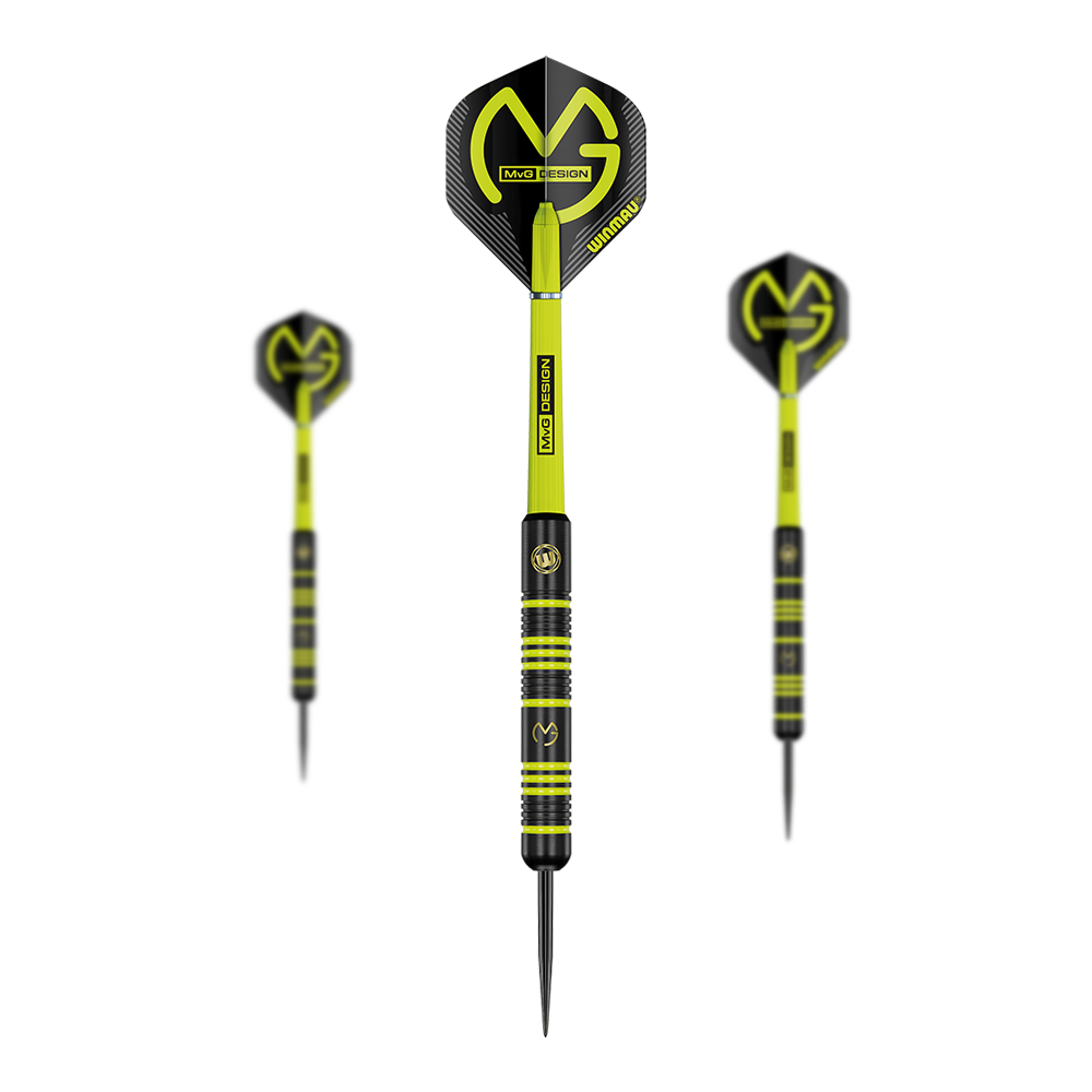 Winmau Michael Van Gerwen MvG Ambition Steeldarts Das Bild zeigt drei Winmau Michael Van Gerwen MvG Ambition Steeldarts. Die Darts sind schwarz und neongelb mit dem MvG-Logo auf den Flights.