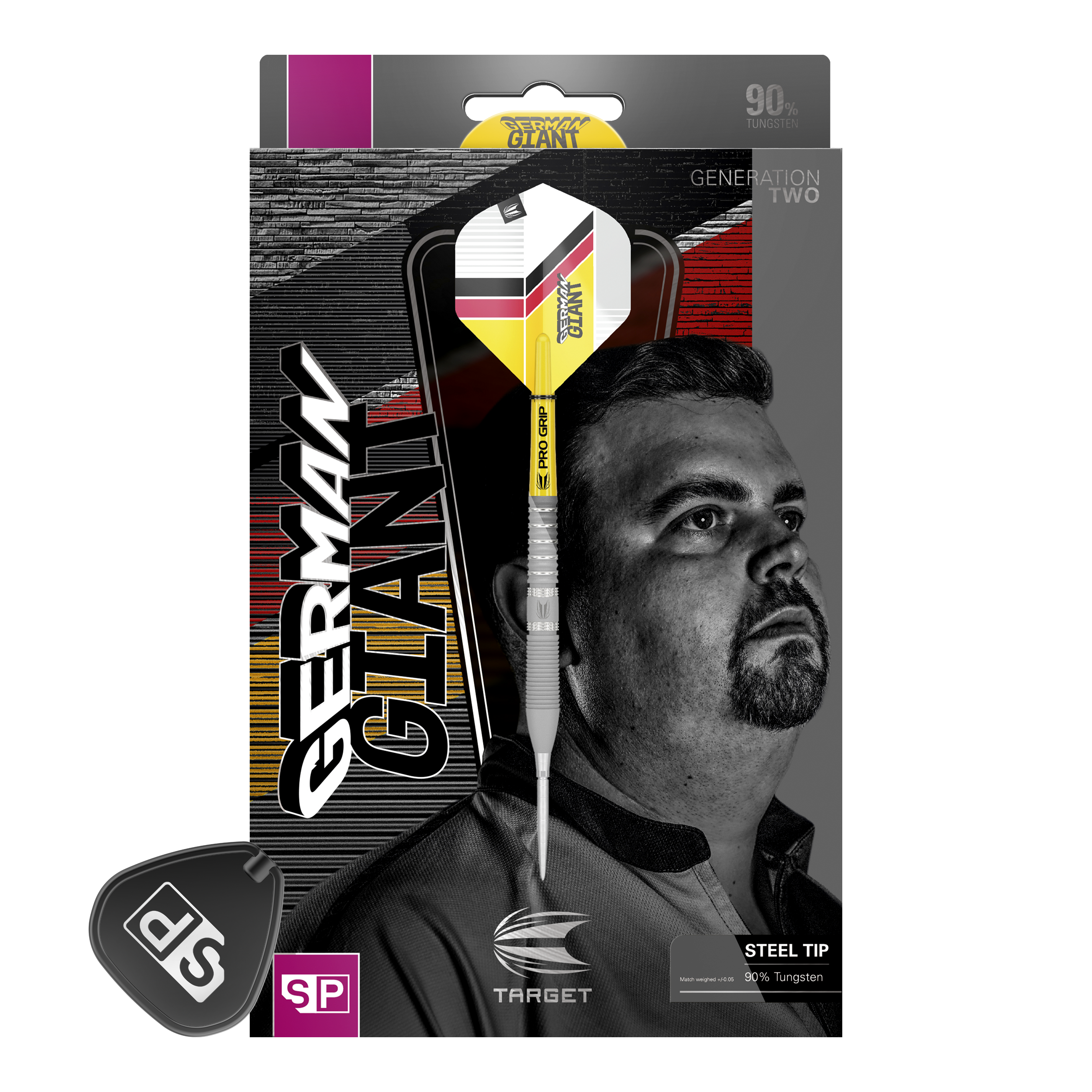 Ocelové šipky Target Gabriel Clemens GEN2 Swiss Point Auf der Verpackung ist ein Steeldart mit gelbem, weißem und schwarzem Design abgebildet. Im Hintergrund sieht man das Porträt eines Mannes sowie den Schriftzug „GERMAN GIANT“.