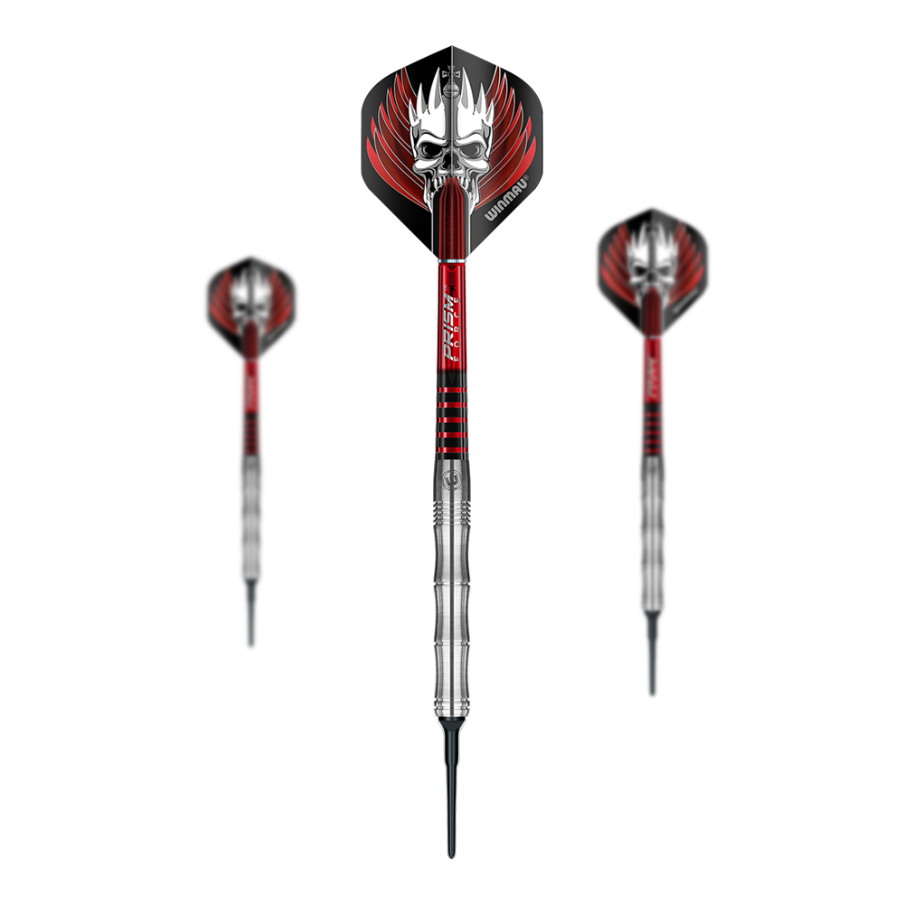 Winmau Mervyn King Tungsten Softdarts - 18g Auf dem Bild sind drei Winmau Mervyn King Tungsten Softdarts mit 18g Gewicht zu sehen. Die Darts haben ein silbernes Griffstück und schwarze Flights mit einem Totenkopf-Design und roten Flammen.
