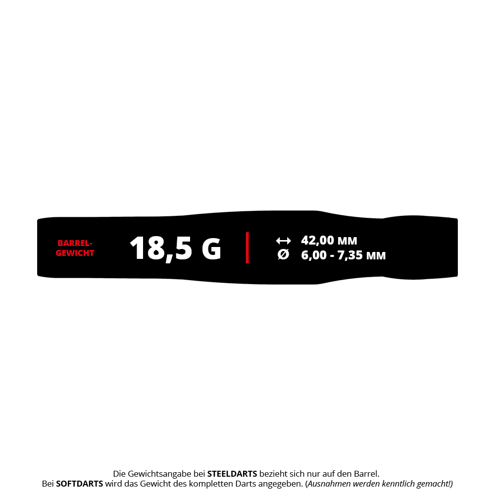 Měkké šipky Target Japan Crux Brave - 18,5 g Das Bild zeigt die Produktdaten der "Target Japan Crux Brave Softdarts - 18,5g". Es werden das Barrelgewicht von 18,5 g, die Länge von 42,00 mm und der Durchmesser von 6,00 - 7,35 mm angezeigt.