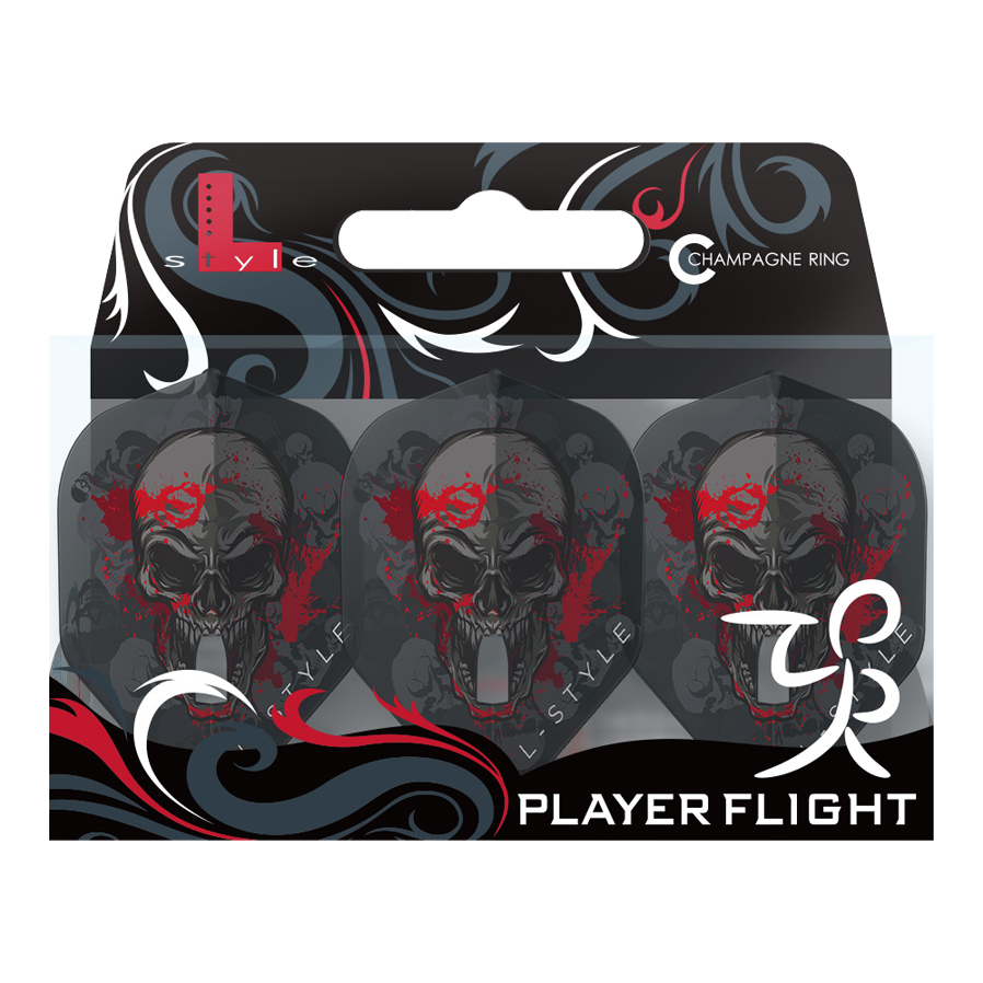 L-Style Ryan Searle V2 Clear Black Signature Champagne L1PRO Flights Das Bild zeigt die "L-Style Ryan Searle V2 Clear Black Signature Champagne L1PRO Flights" in einer Verpackung. Die Flights haben ein auffälliges Totenkopf-Design mit roten und schwarzen Akzenten.