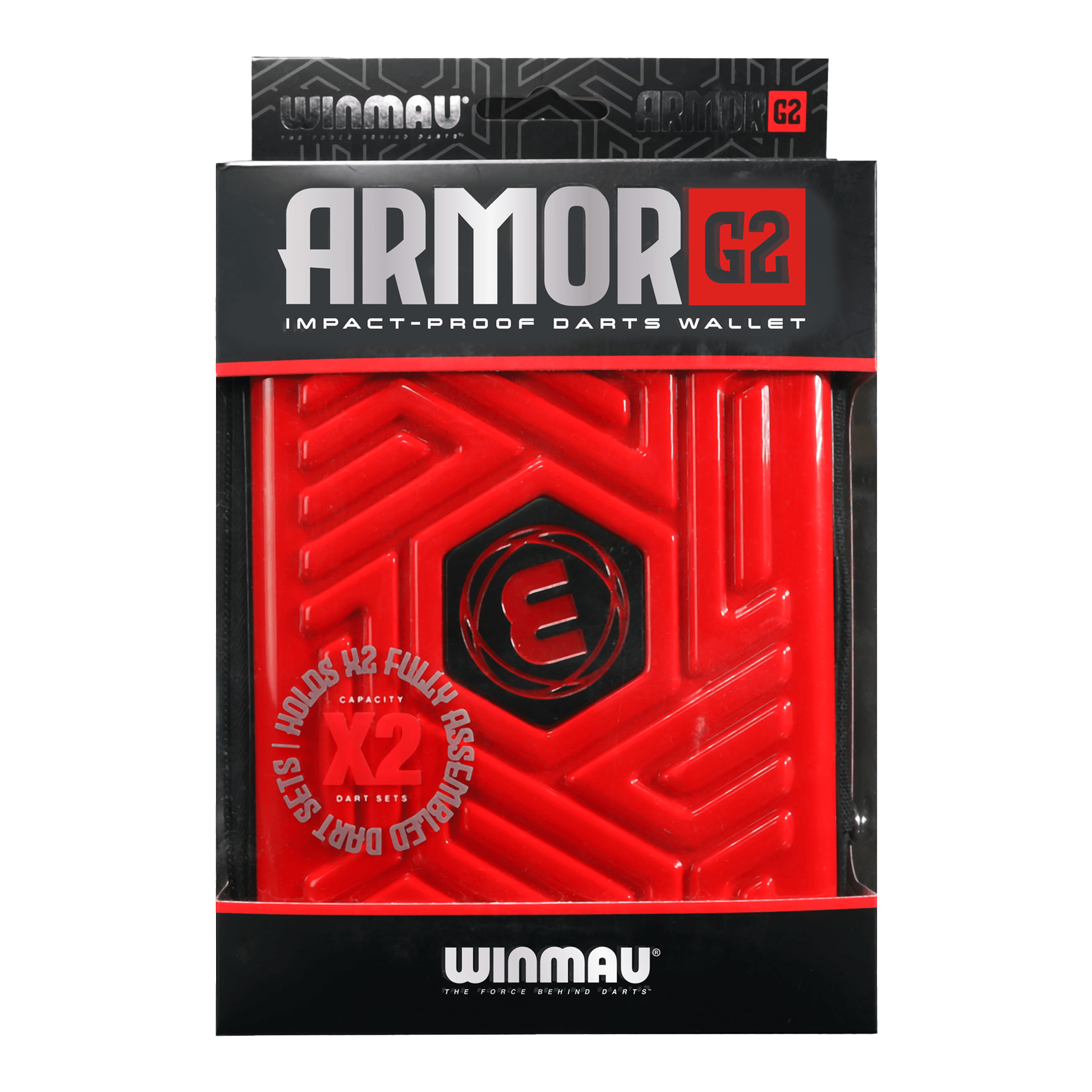 Peněženka Winmau Armor G2 Dart Das Bild zeigt eine rote, stoßfeste Darttasche der Marke Winmau namens "Armor G2". Die Verpackung informiert, dass sie zwei vollständig montierte Dart-Sets aufnehmen kann.