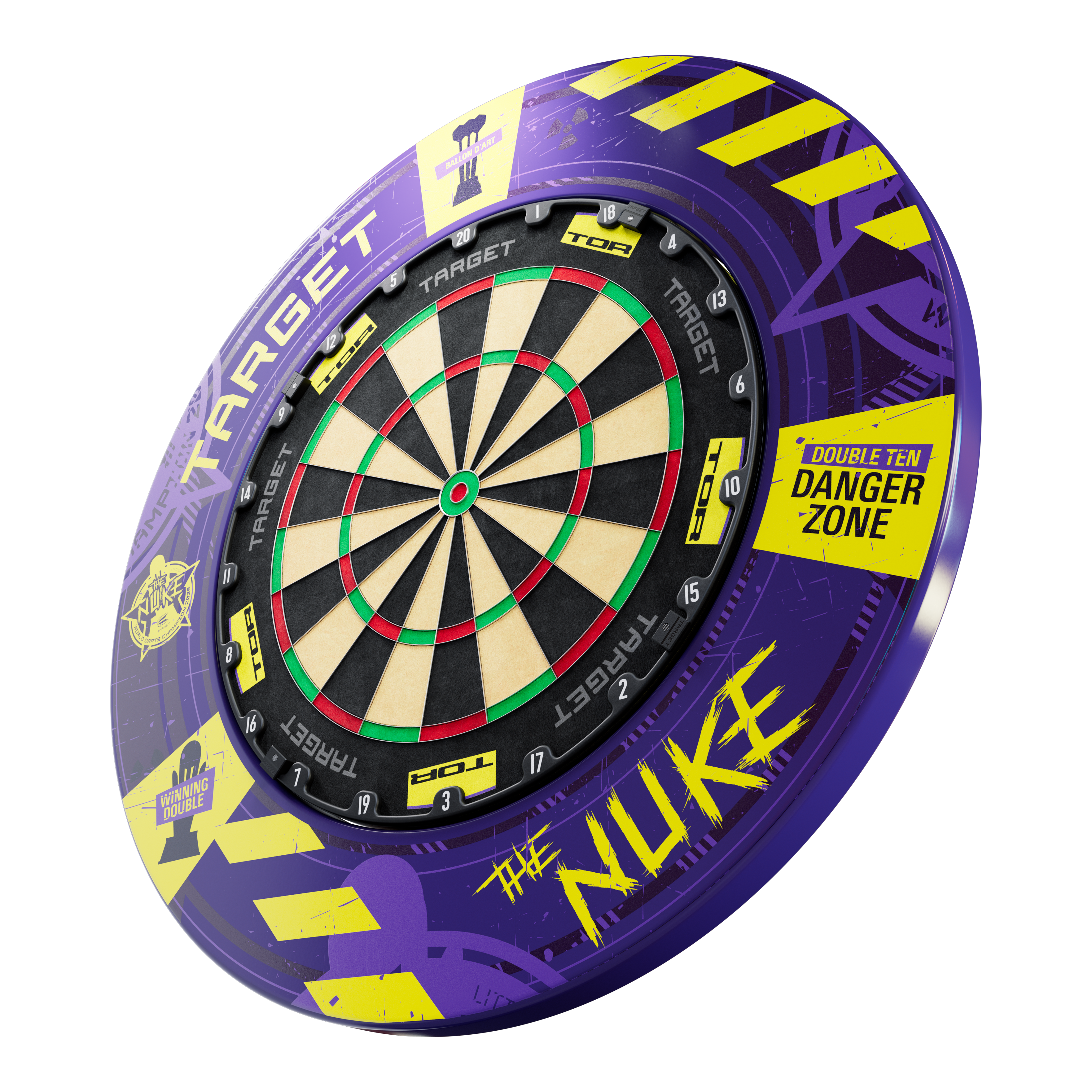 Sada ocelových terčů Target Luke Littler, mistr světa 2025 Surround Goal Das Bild zeigt das Produkt „Target Luke Littler World Champion 2025 Surround Tor Steeldartboard Bundle“. Die Dartscheibe ist von einem auffälligen lila und gelben Surround mit Texten wie „DANGER ZONE“ und „THE NUKE“ umgeben.