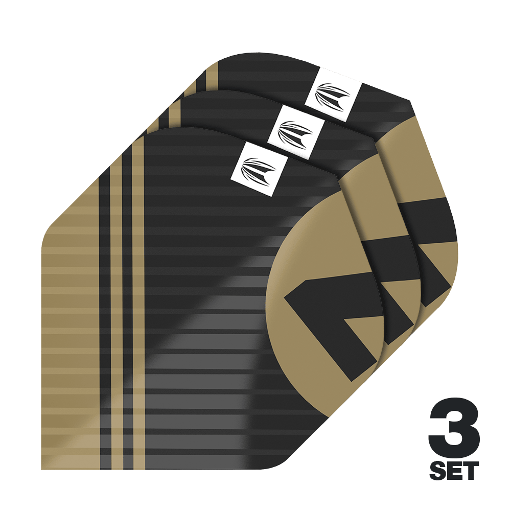 Target Pro Ultra Chicane Black No2 Standardní lety - 3 sady Das Bild zeigt drei Sätze von Target Pro Ultra Chicane Black No2 Standard Flights. Die Flights sind schwarz-gold gestreift und besitzen ein modernes Design mit einem weißen Logo.