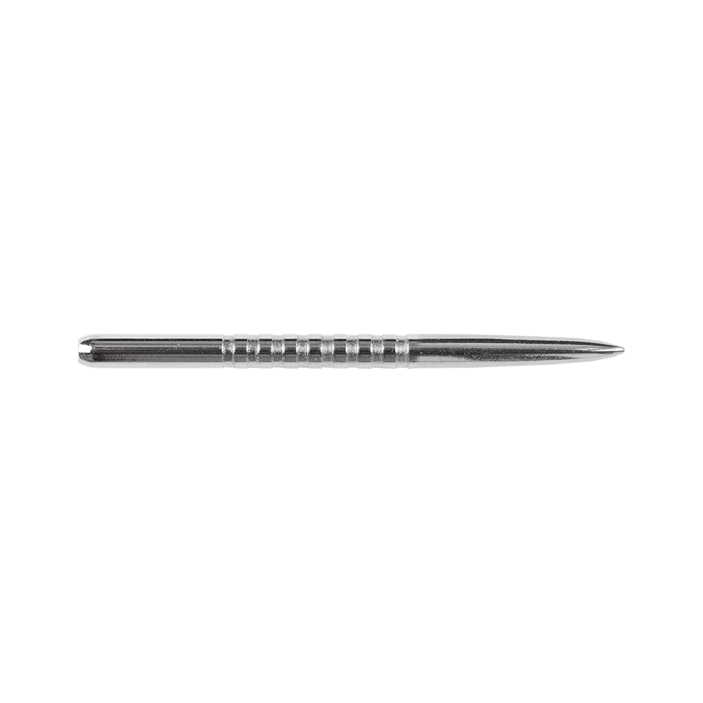 57782_Bulls_GP3_Steeldartspitzen_Silber_38mm_2 Das Bild zeigt eine silberne Steeldartspitze des Modells "Bulls GP3". Die Spitze ist schmal und hat mehrere feine Rillen zur besseren Griffigkeit.