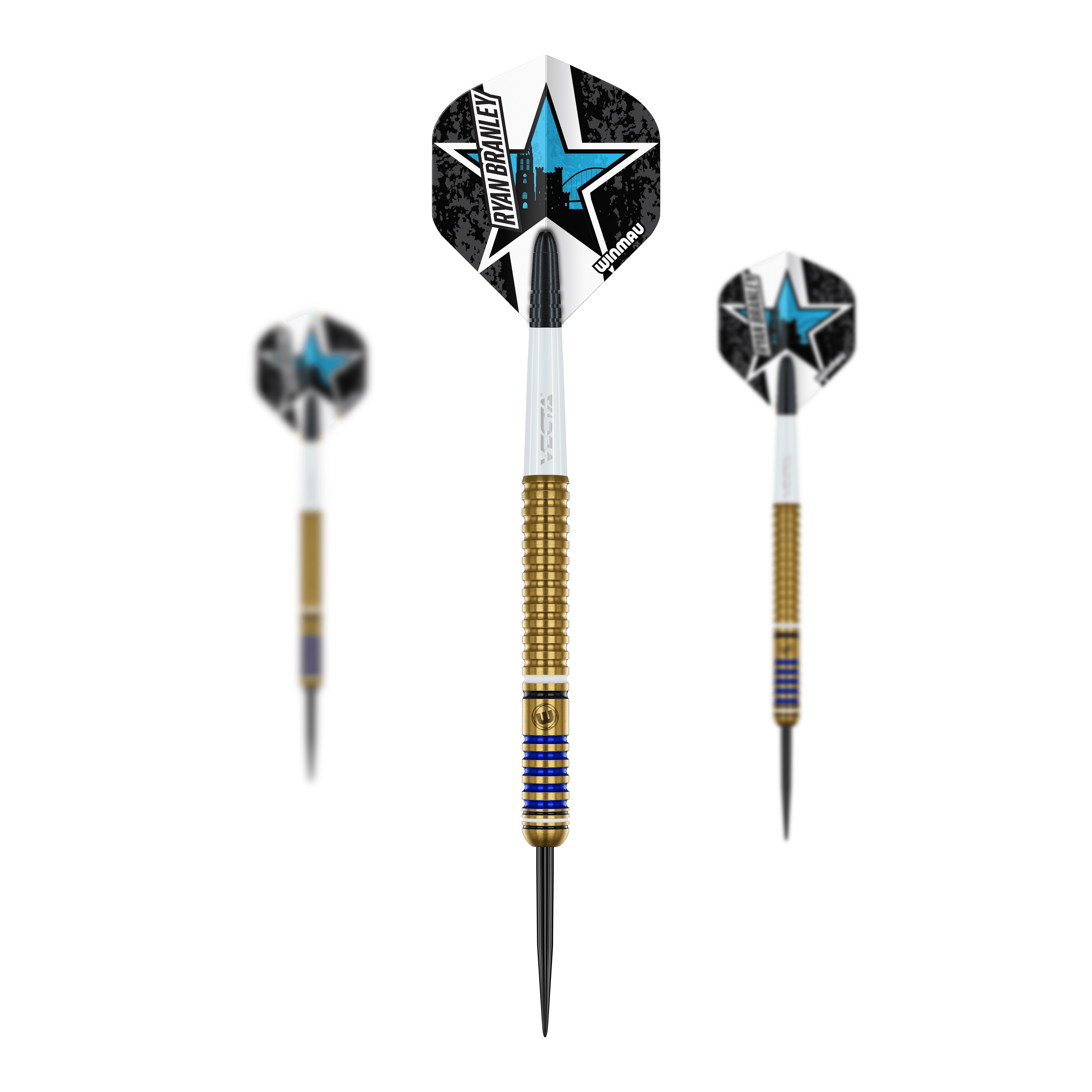 Šipky Winmau Ryan Branley ocelové - 23g Auf dem Bild sind drei Winmau Ryan Branley Steeldarts mit einem Gewicht von 23g zu sehen. Die Darts haben goldene Griffe und auffällige Flights mit einem blauen Stern-Design.