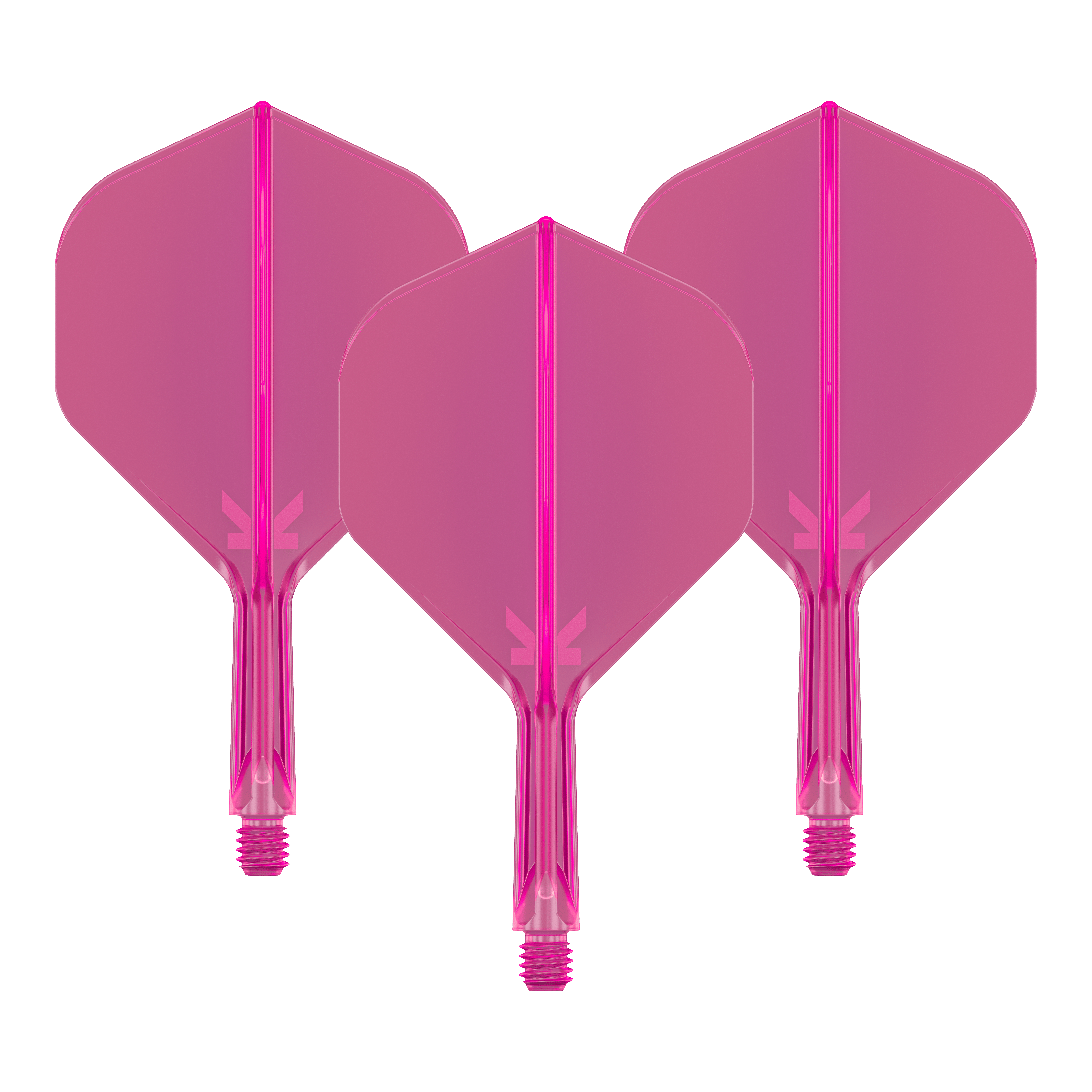 Standardní letový systém Target K-Flex No2 - neonově růžový Das Bild zeigt drei pinkfarbene Dart-Flights mit Schäften. Sie sind nebeneinander angeordnet und haben eine neonpinke Farbe.