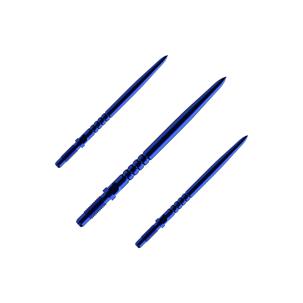 Špičky šipek Bulls NL Convertible Point - s kroužkovým úchopem - modré Hier sieht man ein Set aus mehreren RingedGrip Convertible Points in Blau, 32mm lang. Es sind Ersatzspitzen für Dartpfeile.