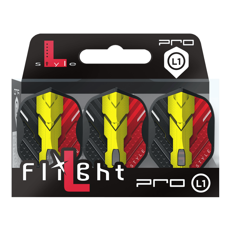 Letky L-Style V Series V1 Type C Belgium Black L1PRO Das Bild zeigt eine Packung mit drei Dart-Flights der Marke L-Style, Modell V-Series V1 Type C Belgium Black L1PRO. Die Flights haben ein Design in den Farben Schwarz, Rot und Gelb, inspiriert von der belgischen Flagge.