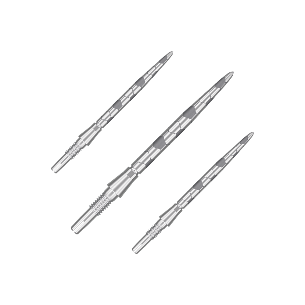 Das Bild zeigt drei silberne Dartspitzen mit einem strukturierten Design. Sie sind schlank und haben am Ende ein Gewinde zur Befestigung.