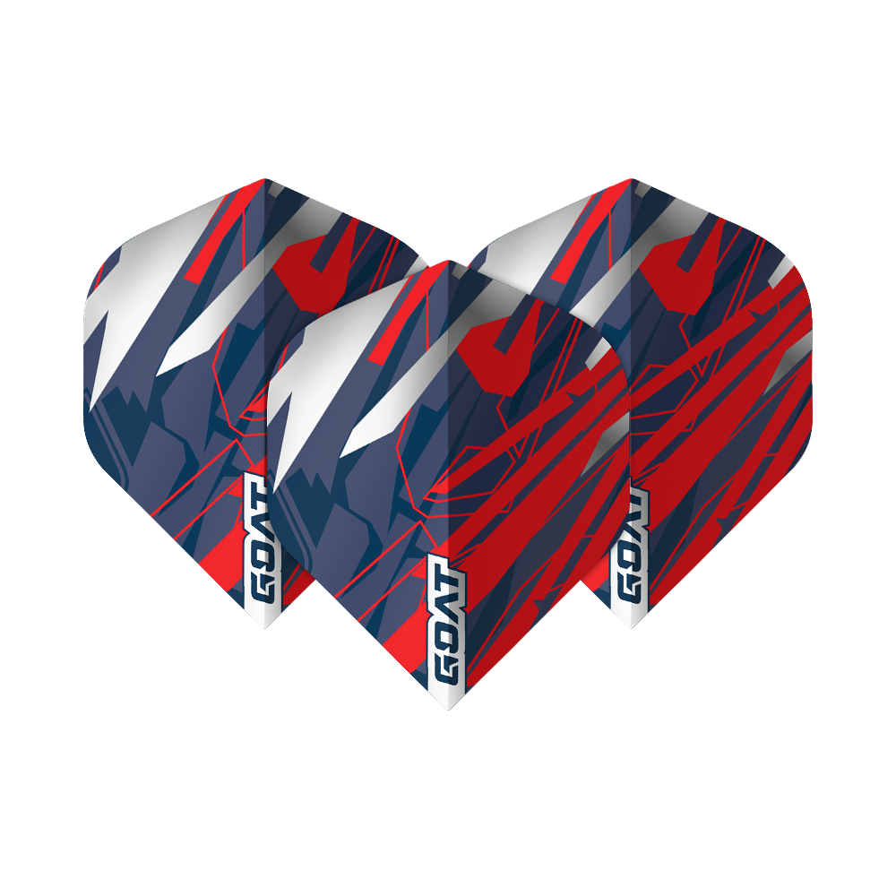 Standardní lety GOAT Homerun No2 Das Bild zeigt drei Dart-Flights des Produkts "GOAT Homerun No2 Standard Flights". Die Flights sind in den Farben Rot, Blau und Weiß gestaltet und mit dem Schriftzug "GOAT" versehen.