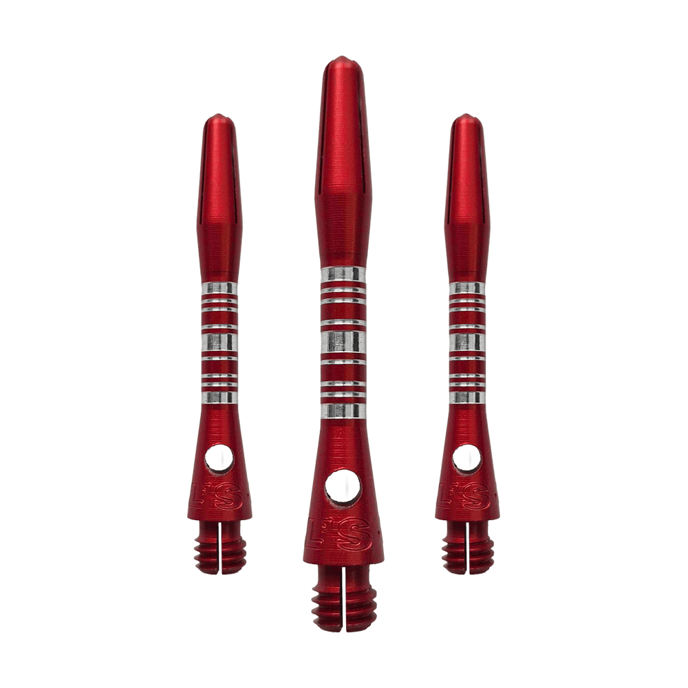 Hliníkové shafty Bulls NL Supra - červené - 34 mm Dieses Bild zeigt die Bulls NL Supra Aluminium Shafts in Rot, 34 mm lang, als Set. Die Schäfte sind robust und ideal für Dartspieler.