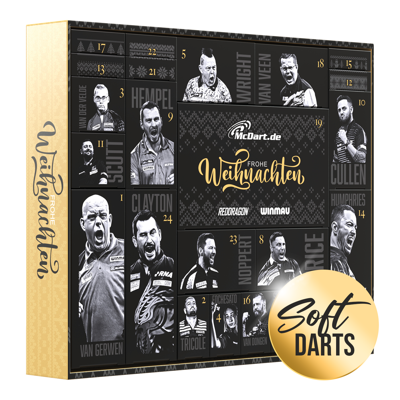 Der McDart Premium Adventskalender 2025 für Softdart-Spieler ist zu sehen. Der Kalender eignet sich als Geschenk für Dart-Begeisterte.