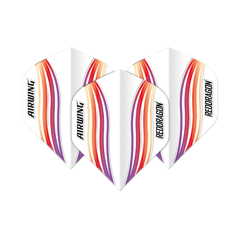 Standardní lety Red Dragon Airwing Red Wave Das Bild zeigt drei Dart-Flights mit dem Namen "Red Dragon Airwing Red Wave Standard Flights". Sie sind weiß mit roten, orangen und violetten Wellenlinien und der Aufschrift "AIRWING" und "REDDRAGON".