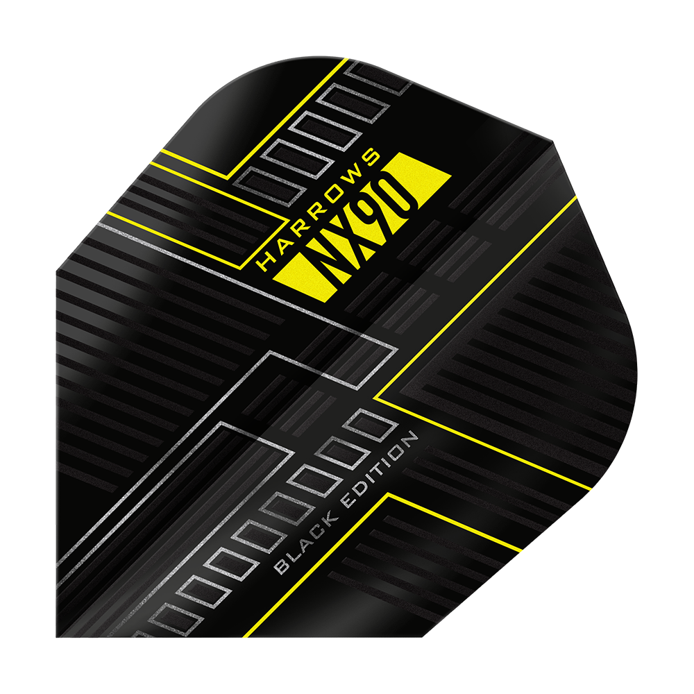 Harrows NX90 Black Edition č. 6 letek Dies ist das Harrows NX90 Black-Edition No6 Flight. Das Design ist überwiegend schwarz mit gelben und silbernen Akzenten.