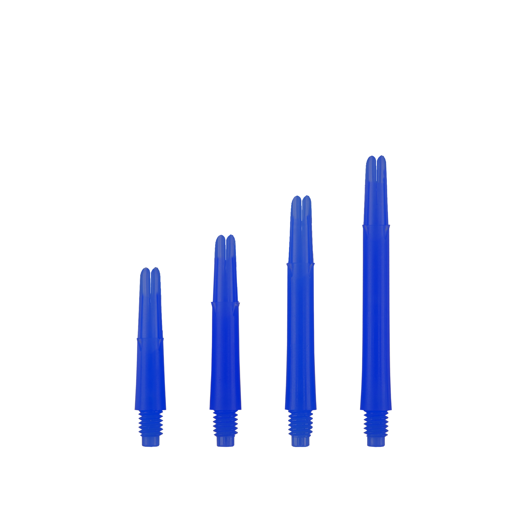 Das Bild zeigt vier blaue Dartshafts in verschiedenen Längen. Die Produkte sind die "L-Style L-Shafts Locked Straight - Blau".