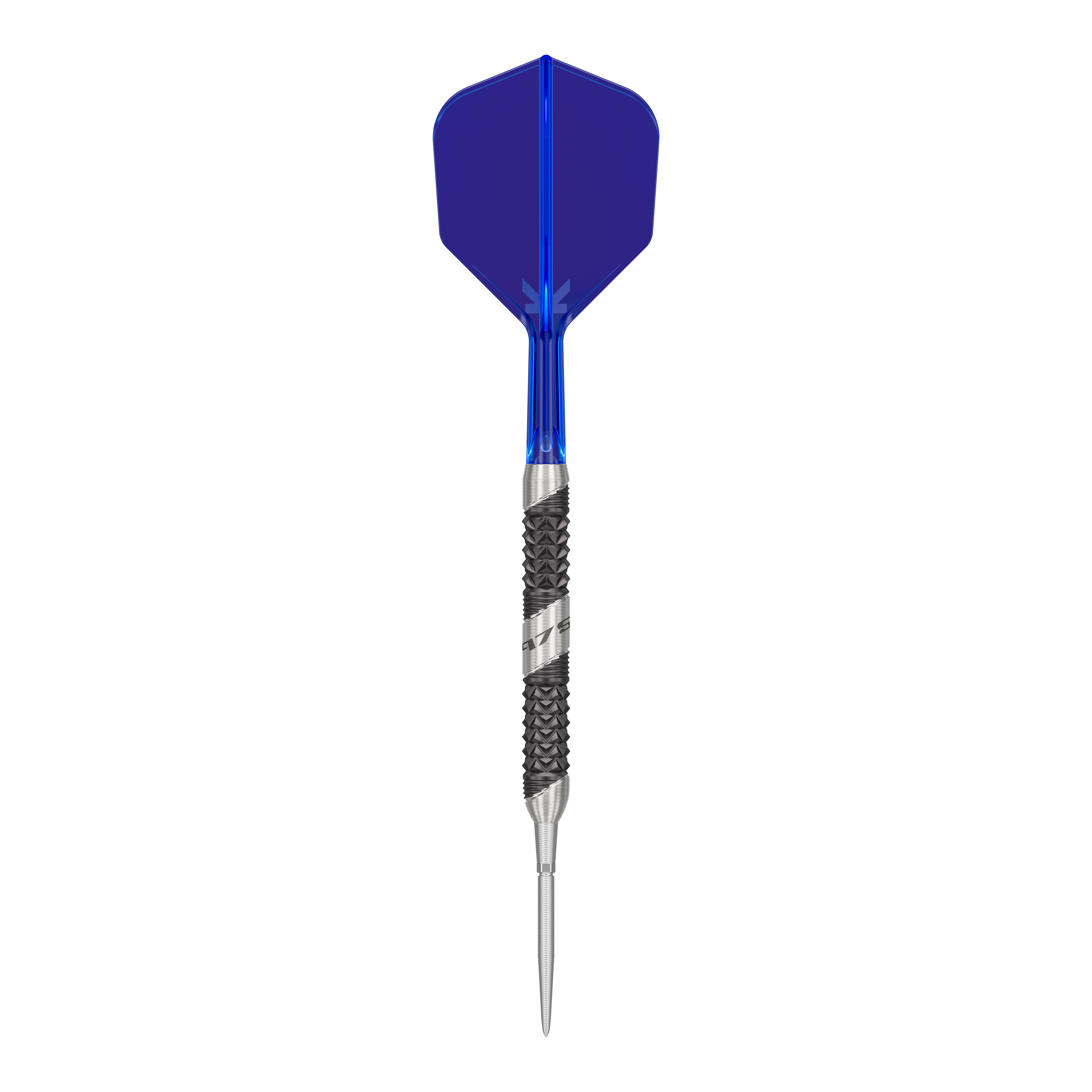 Dies ist ein Steeldartpfeil mit einer blauen Flights. Der Schaft und die Spitze sind silbern und haben eine strukturierte Oberfläche.