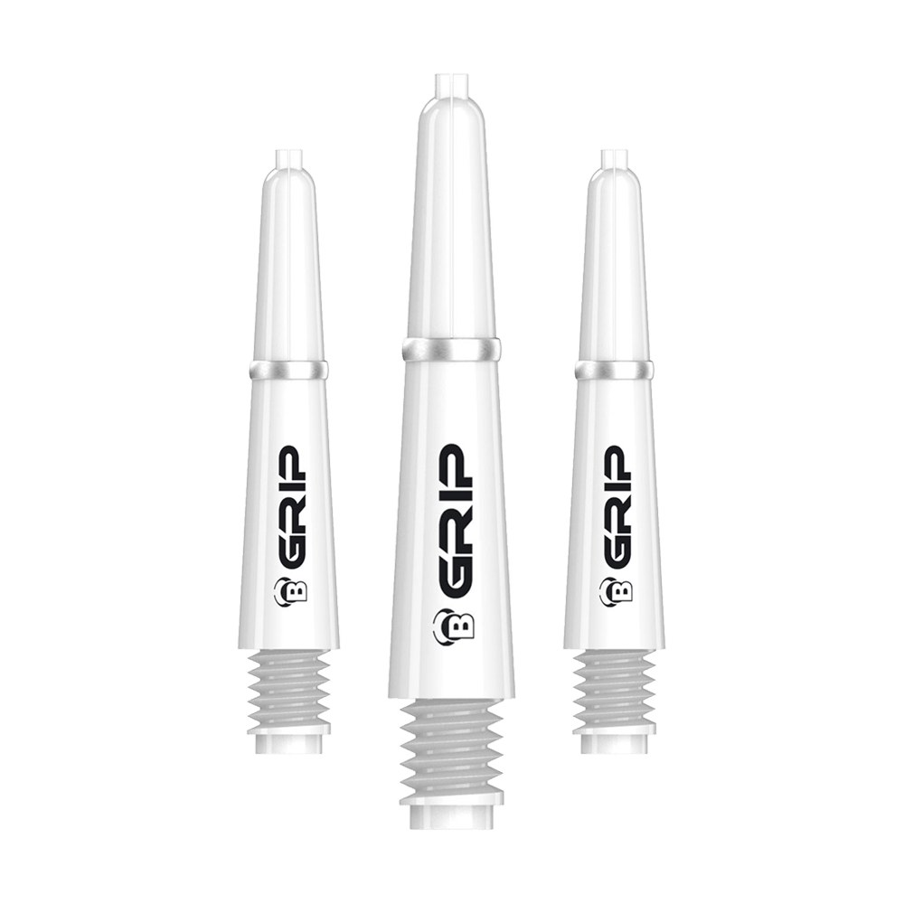 BS55089_Bulls_B-Grip-2_SL_Shafts_Weiss_28mm_1 Auf dem Bild sind drei weiße Dartschäfte des Modells "Bulls B-Grip-2 SL" zu sehen. Sie sind schlank geformt und tragen den schwarzen Schriftzug "GRIP" auf der Seite.