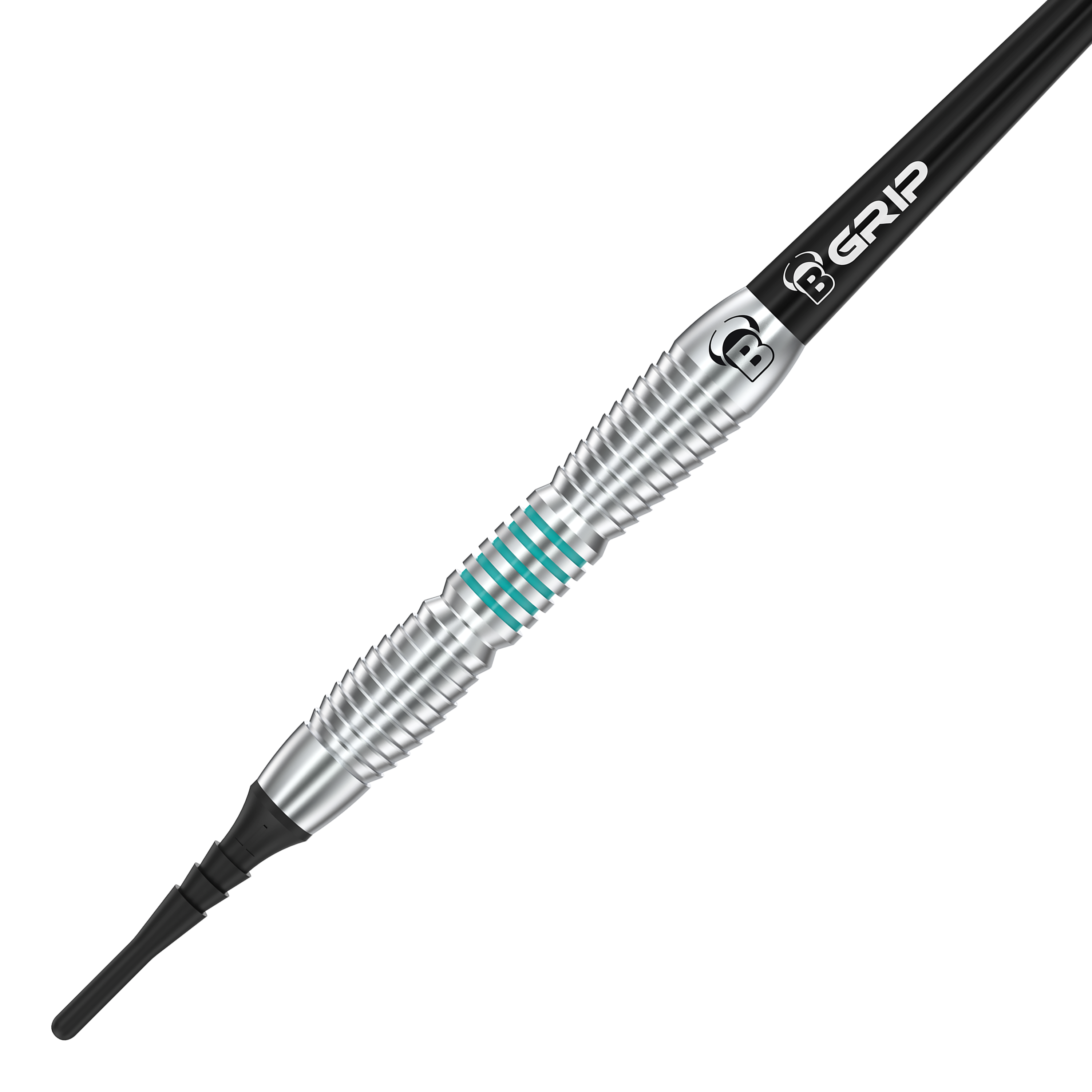 Das Bild zeigt den Bulls V1 Softdart mit silbernem, geriffelten Barrel und türkisen Ringen. Am oberen Ende ist „B GRIP“ auf einem schwarzen Schaft zu sehen.