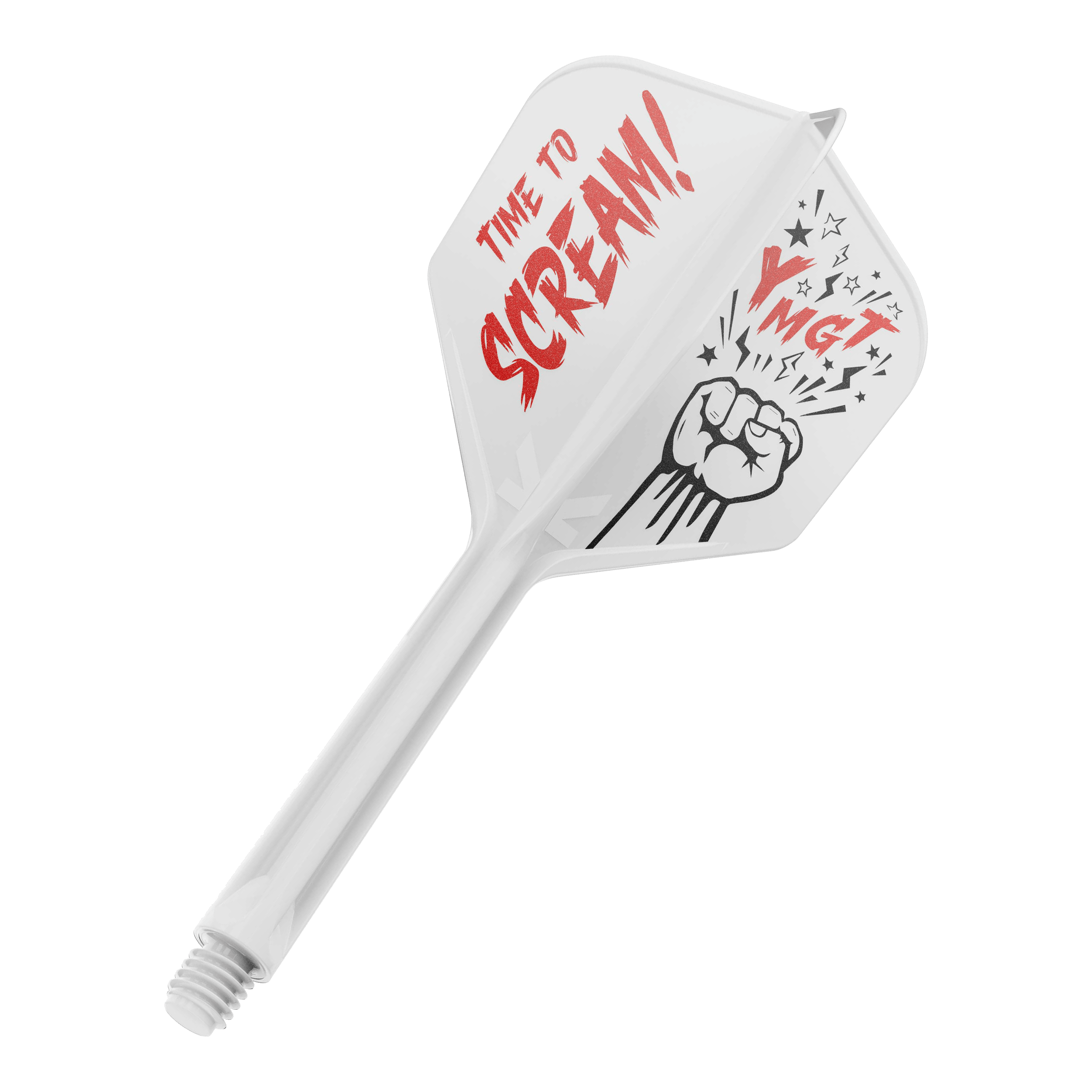 Target Japan K-Flex Scream No6 Flight Shaft System Auf dem Bild ist ein weißes Dartflight mit einem dazugehörigen Schaft zu sehen. Auf dem Flight steht in roten Buchstaben "TIME TO SCREAM!" und daneben ist eine Faust mit Sternen abgebildet.