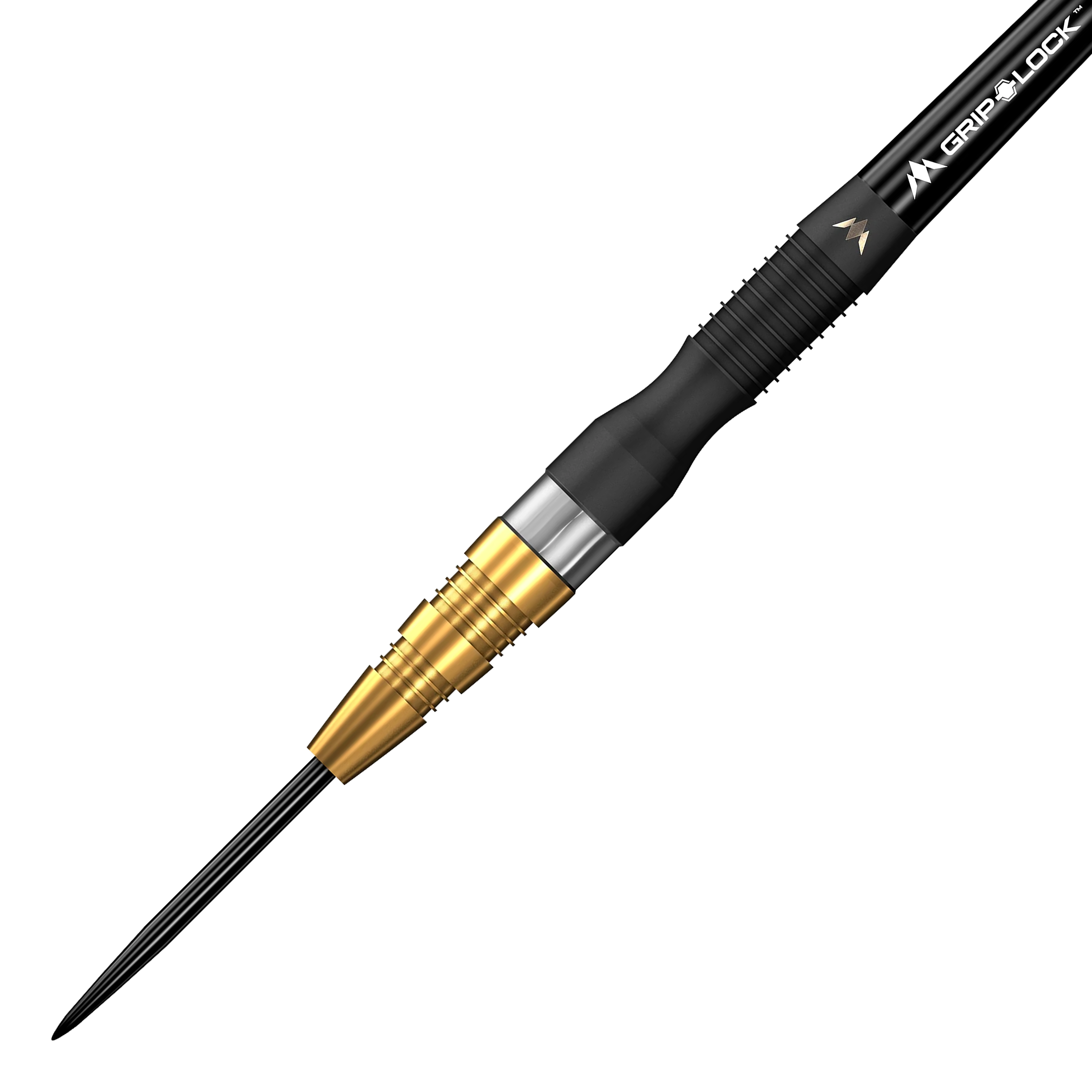Das Bild zeigt einen Mission Connor Scutt Sniper Black Gold Steeldart. Der Dartpfeil hat eine goldene und schwarze Metallspitze mit einem schwarzen Griff.