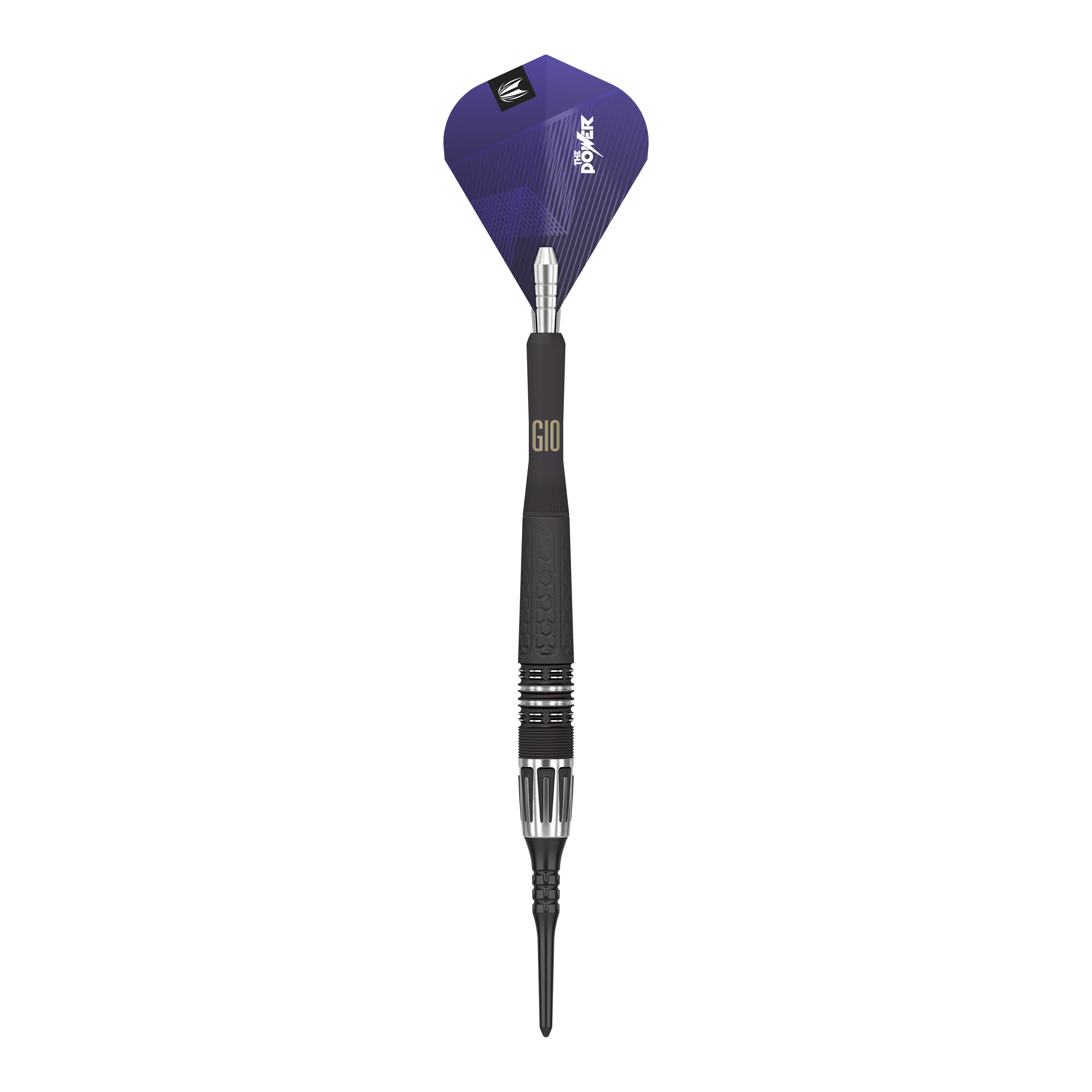 Měkké šipky Target Phil Taylor Power 9Five GEN10 Das Bild zeigt einen modernen Softdartpfeil mit einem schwarzen und silbernen Schaft. Die Dartflügel sind lila und tragen die Aufschrift "Power".
