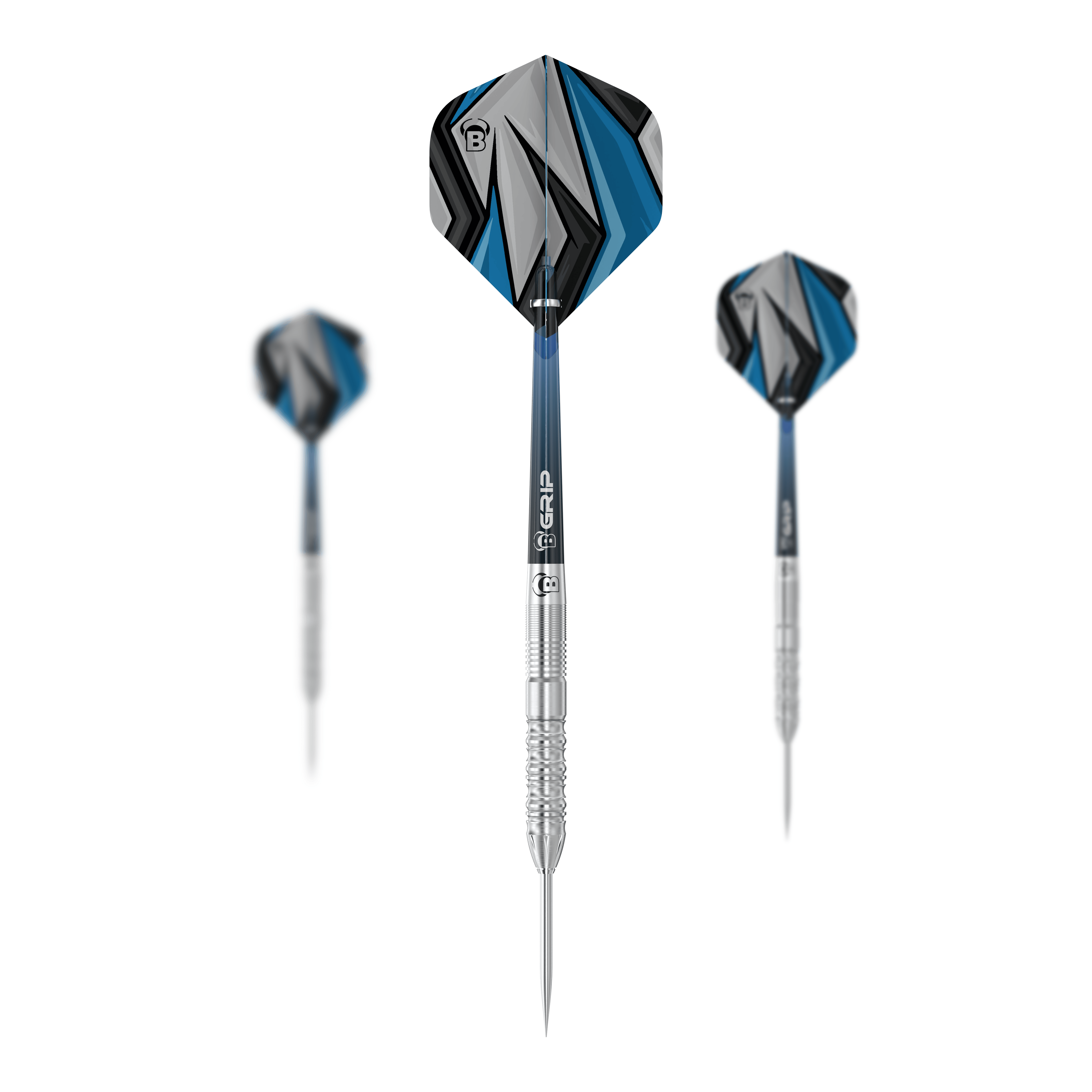 Bulls Stone S2 Steeldarts Auf dem Bild sind drei Bulls Stone S2 Steeldarts zu sehen. Die Darts haben silberne Spitzen und blaue, schwarze sowie graue Flights mit geometrischem Muster.